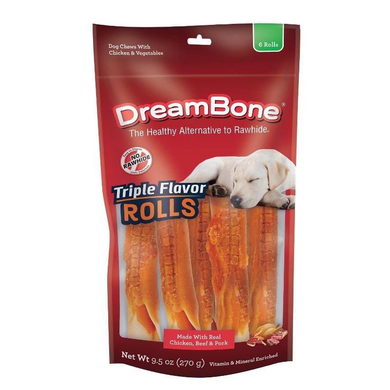 Dreambone Triple Flavor Rolls Chews Dog Treats - 6ct
