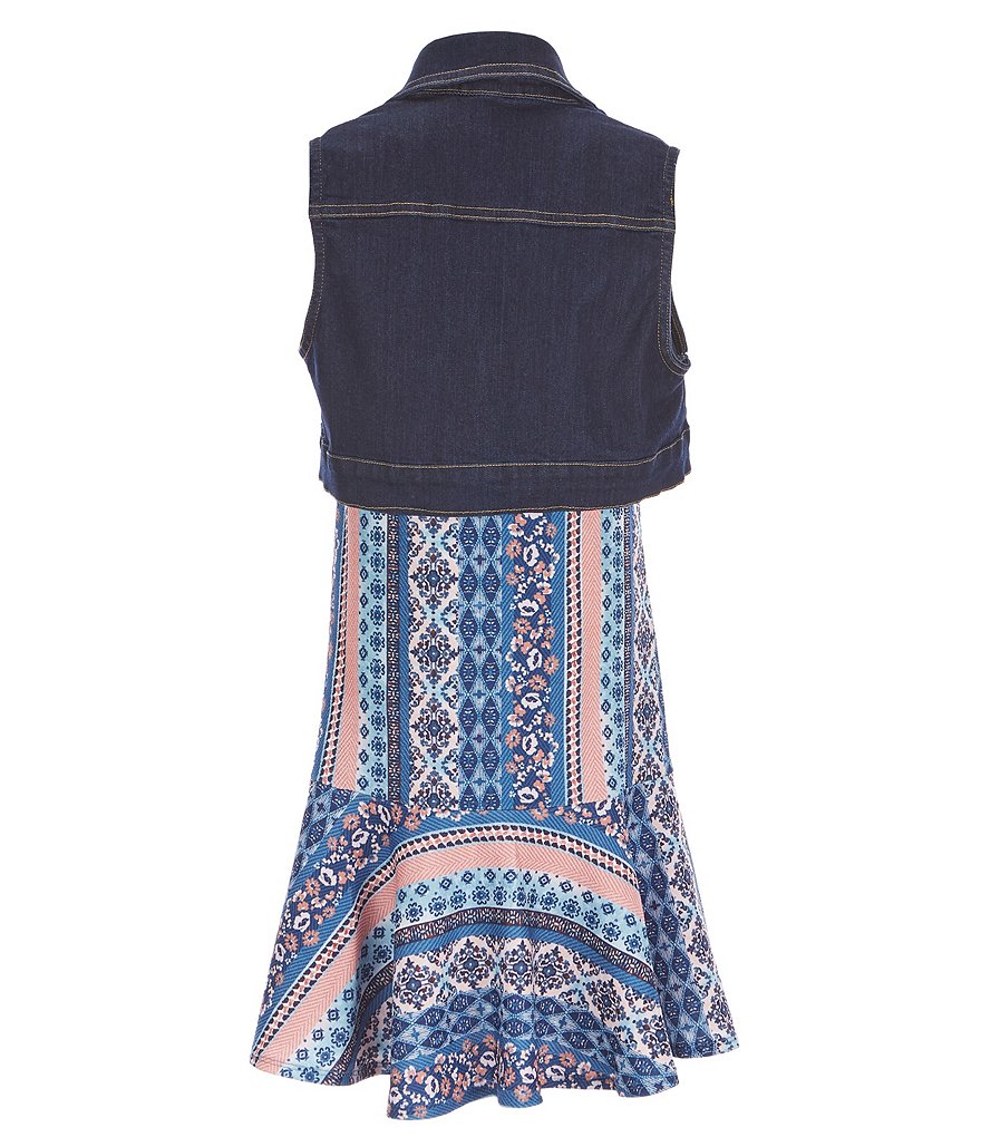 Honey And Rosie Big Girls 7-16 Sleeveless Mixed Print Ruffled Hem A-Line Dress With Vest Two-Piece Set