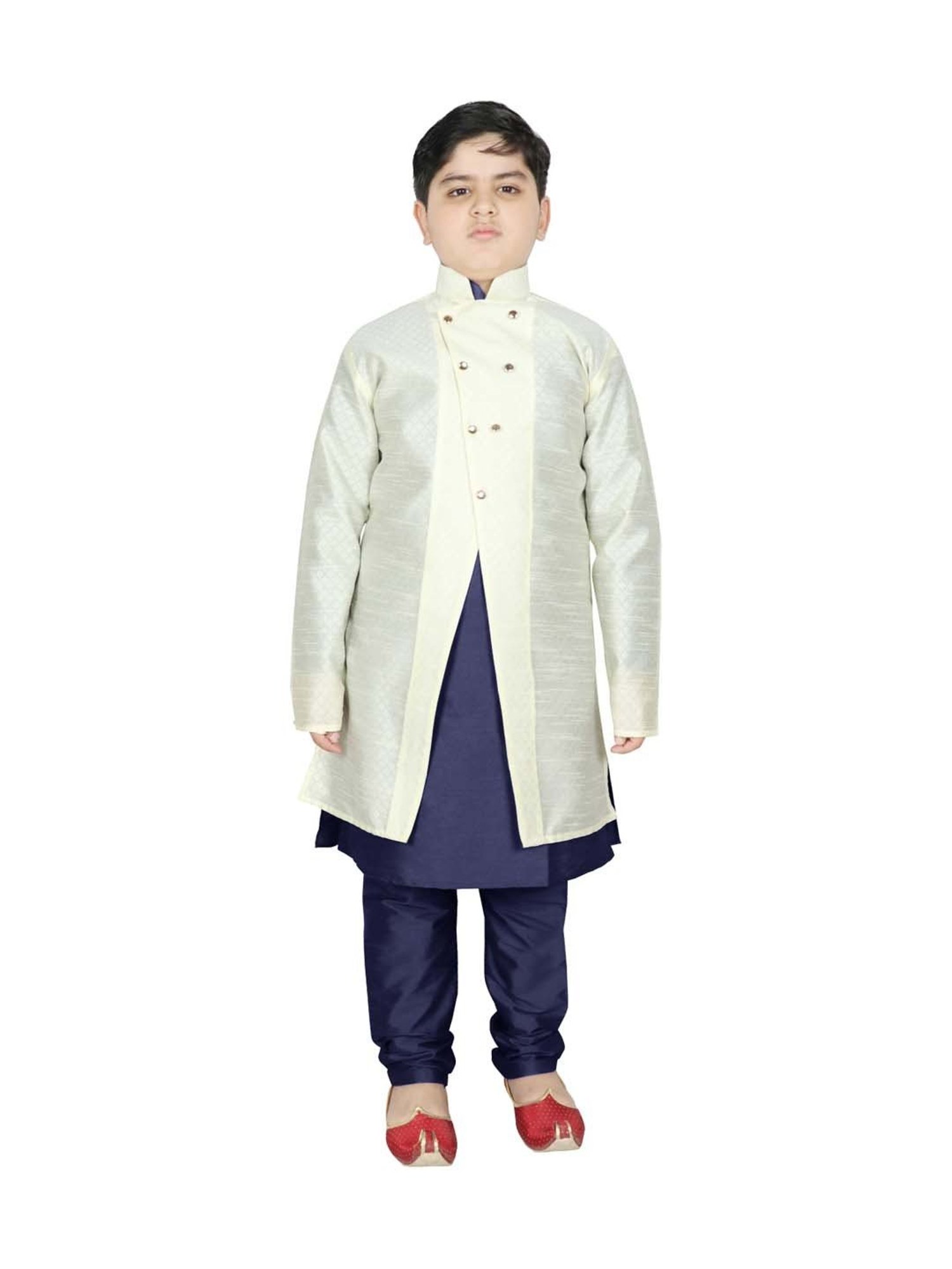 SG Yuvraj Kids White & Navy Textured Pattern Full Sleeves Kurta Set