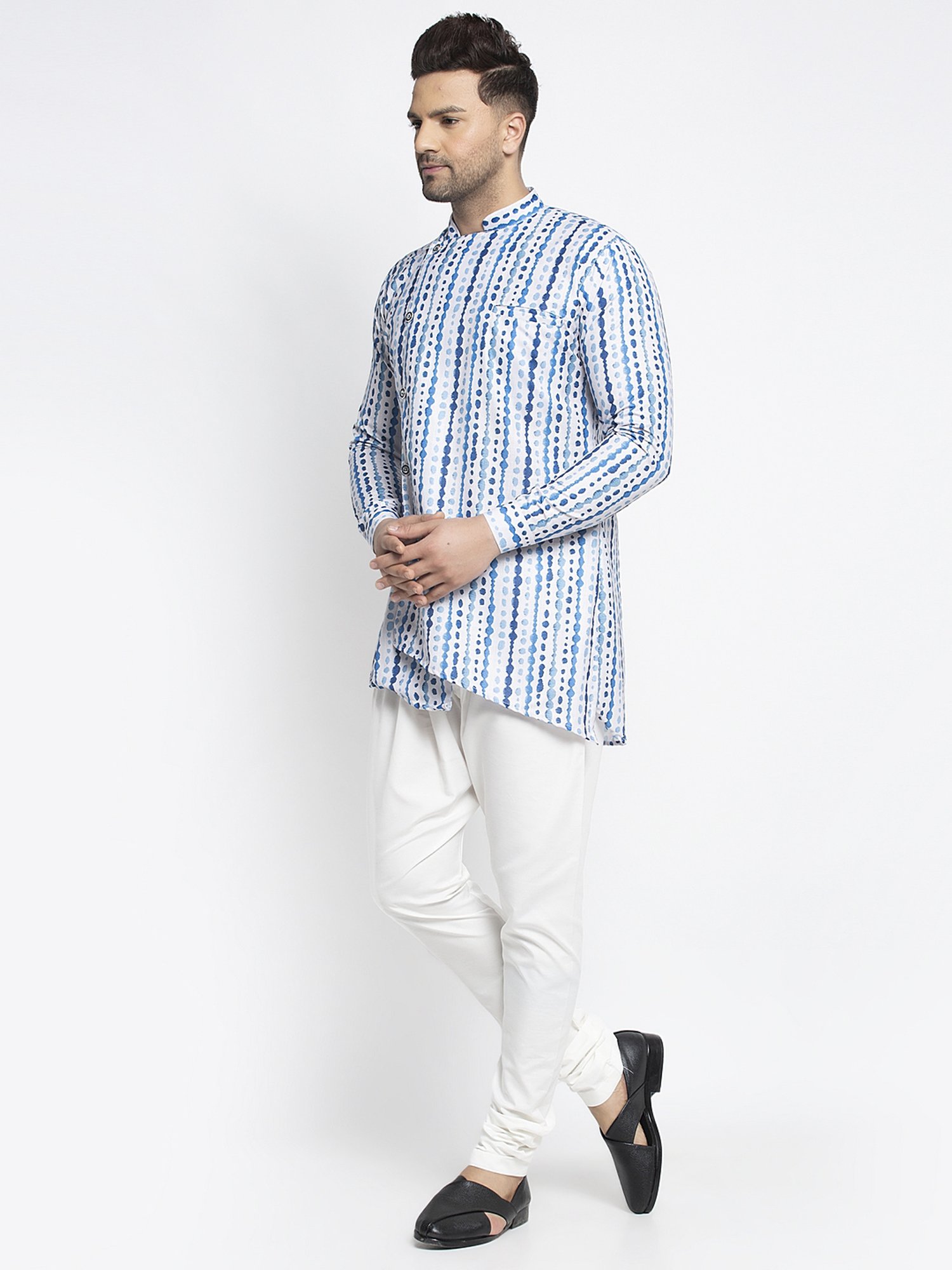 Benstoke Blue & White Cotton Regular Fit Printed Kurta Set