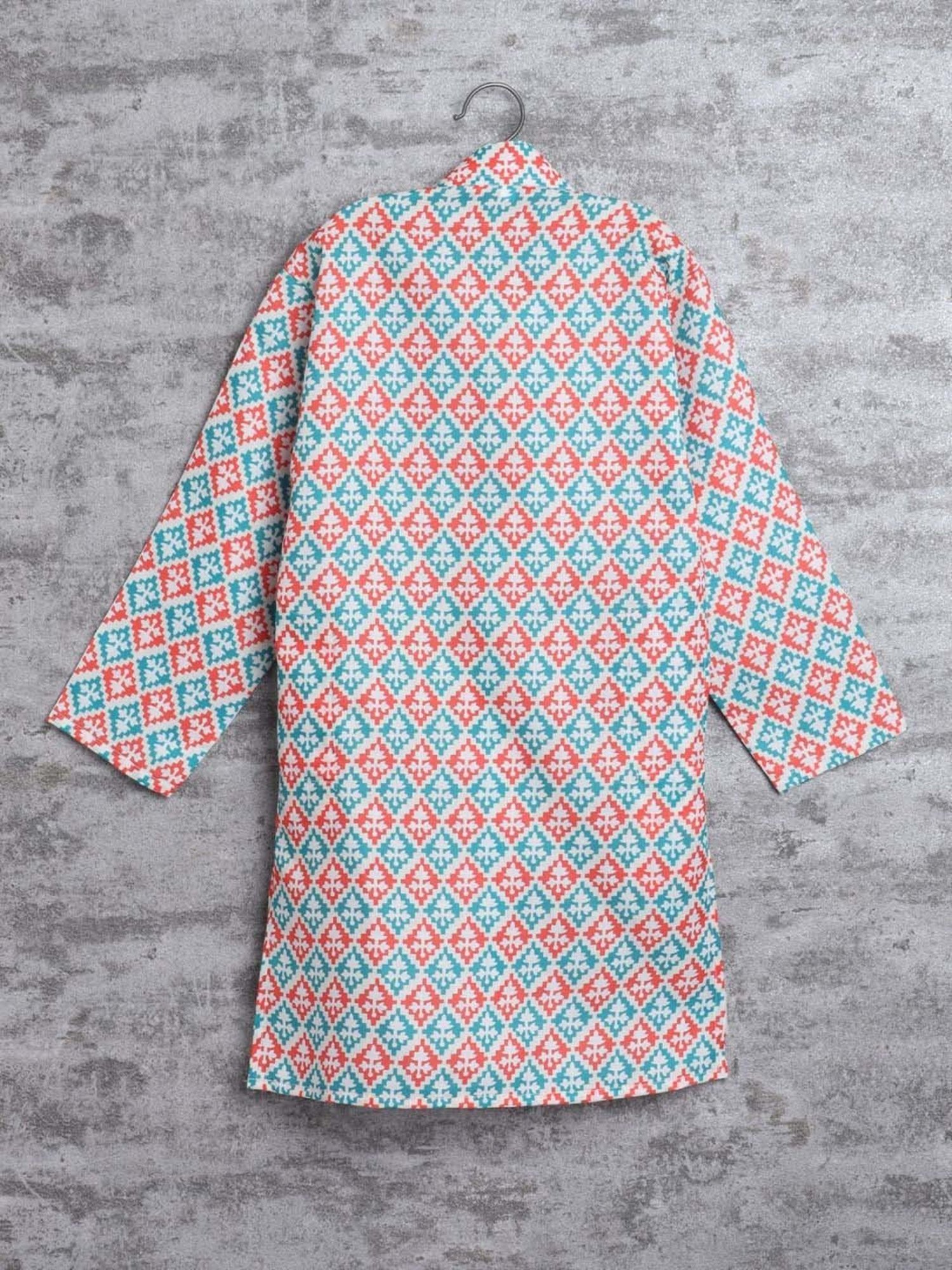 Ahhaaaa Kids Pink & Blue Cotton Handloom Full Sleeves Kurta Set