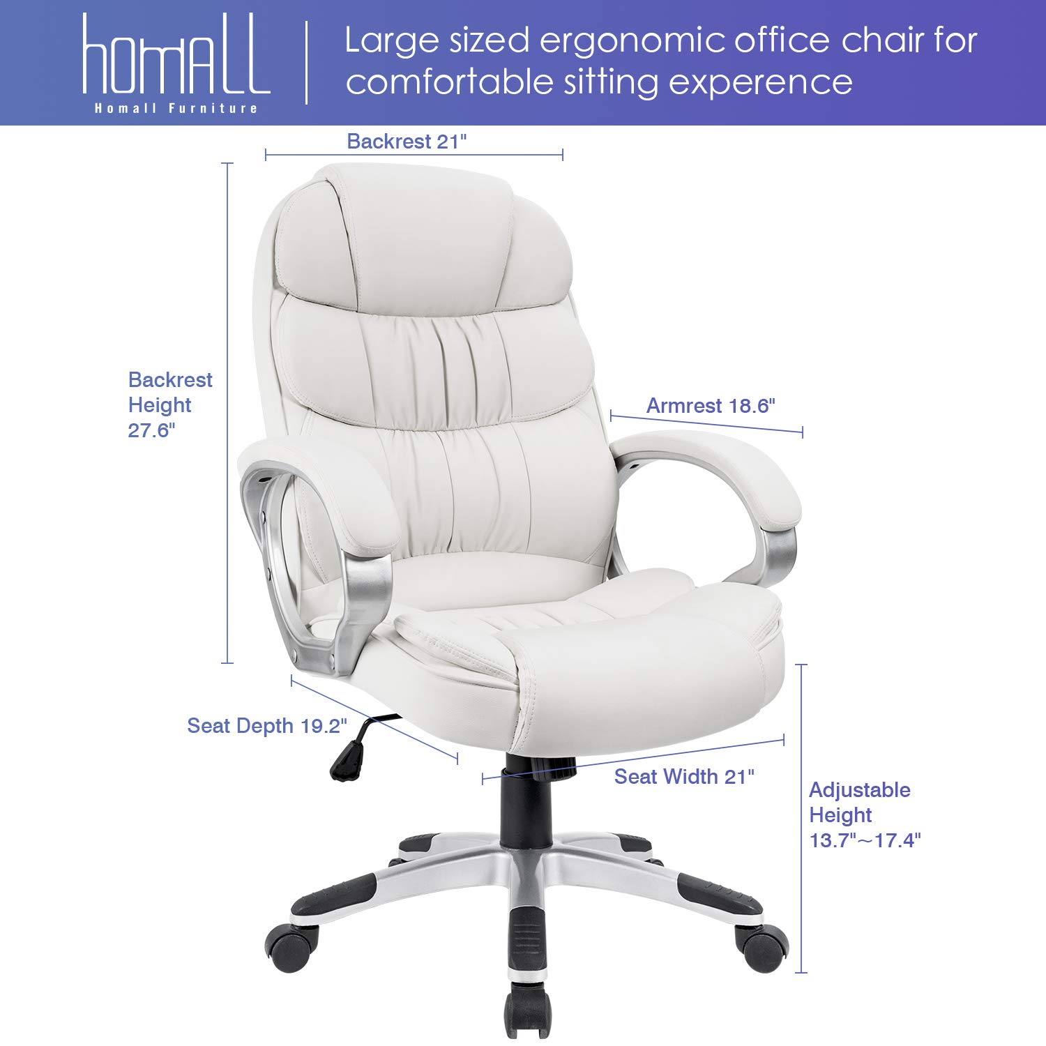 Homall Office Chair High Back Computer Chair Ergonomic Desk Chair, PU Leather Adjustable Height Modern Executive Swivel Task Chair with Padded Armrests and Lumbar Support (White)