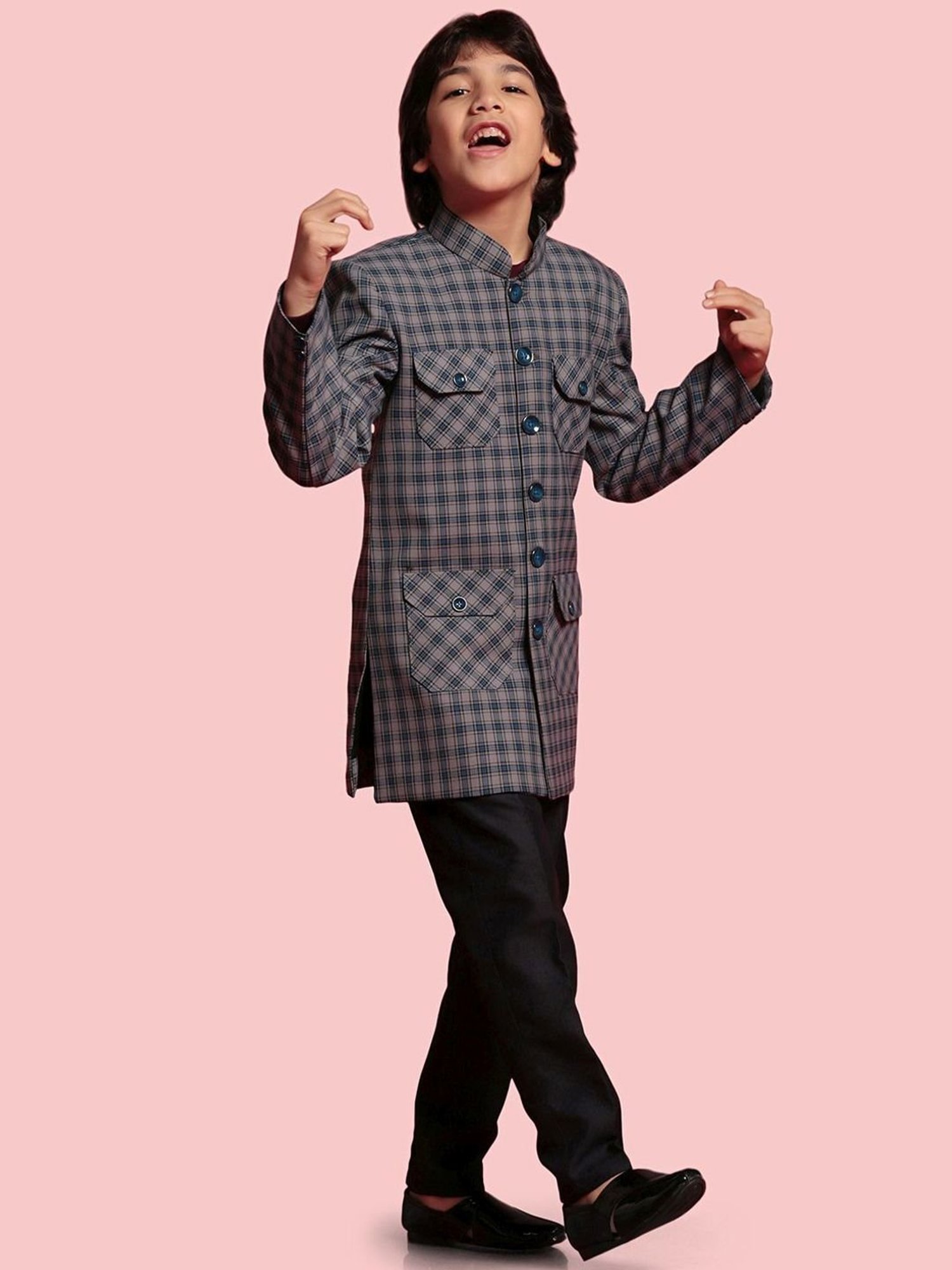 AJ Dezines Kids Blue & Black Chequered Full Sleeves Blazer Set