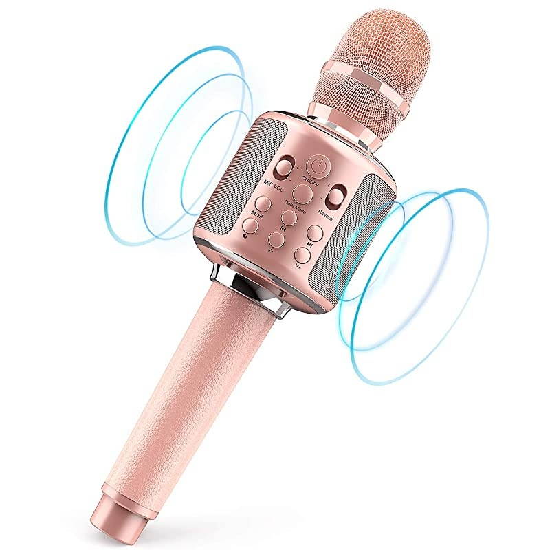 Microphone Wireless Bluetooth Singing Machine for Cell Phone/PC, Pink Leather Portable Handheld Mic Speaker Support Reverb/Duet