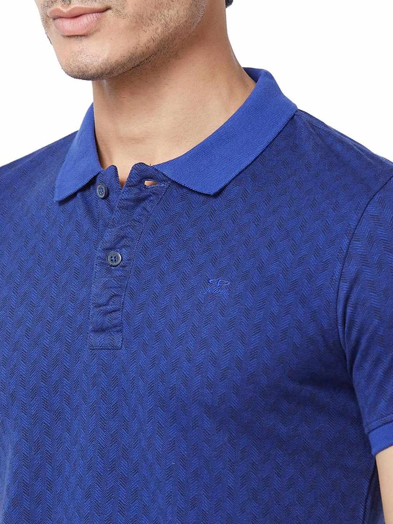 ColorPlus Blue Cotton Tailored Fit Checks Polo T-Shirt