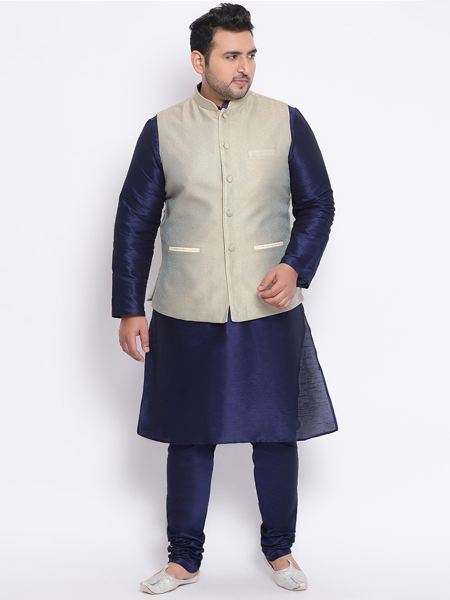 KISAH PLUS Beige & Navy Regular Fit Jacquard Kurta Set With Jacket