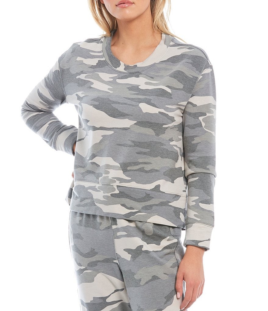 Splendid Long Sleeve Banded Hem Camo Print Jewel Neck Pullover