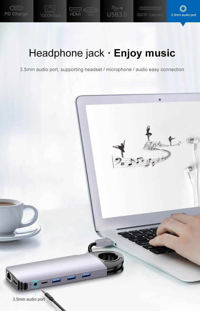 USB Hub Type-C to HDMI/VGA/RJ45 Adapter with SD/TF Card Reader and Charging Port