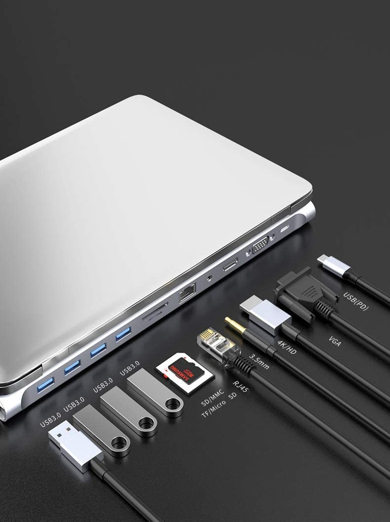 Rome Care USB C Docking Station, 11 in 1 Type C Hub with 4K HDMI Ports, RJ45 Ethernet, 4 USB 3.0 Ports, SD/TF Cards Reader, PD USB-C Charging Port, Audio/Mic, for Mac OS and Windows