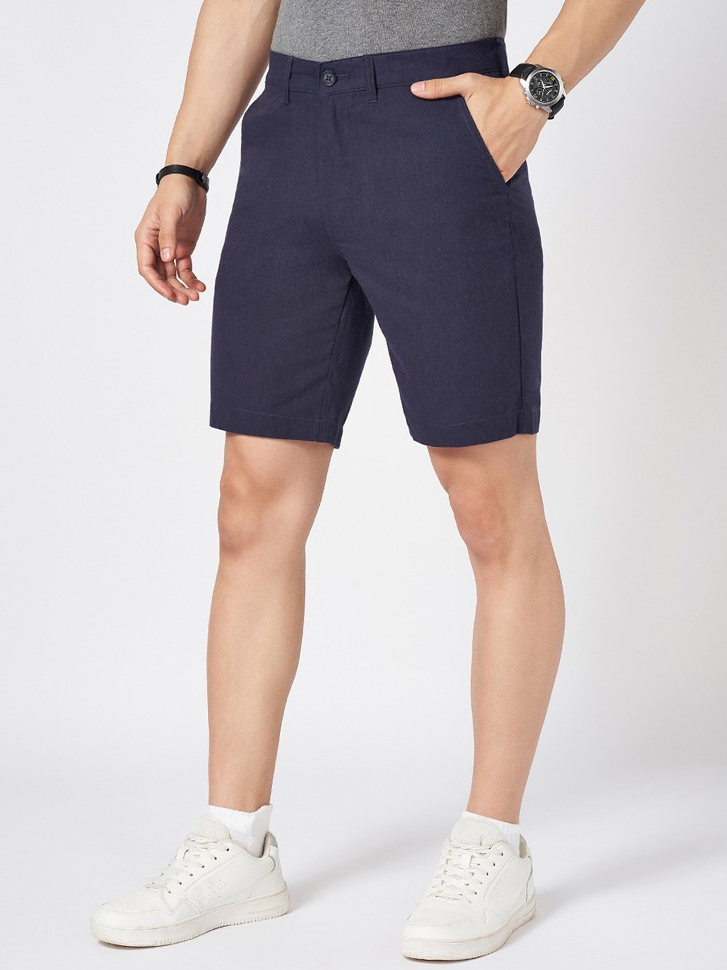 Byford By Pantaloons Navy Cotton Slim Fit Texture Shorts
