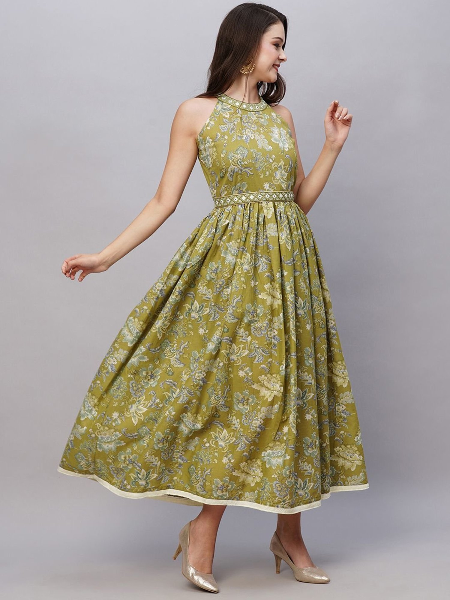 KIANA Green Cotton Printed Maxi Dress