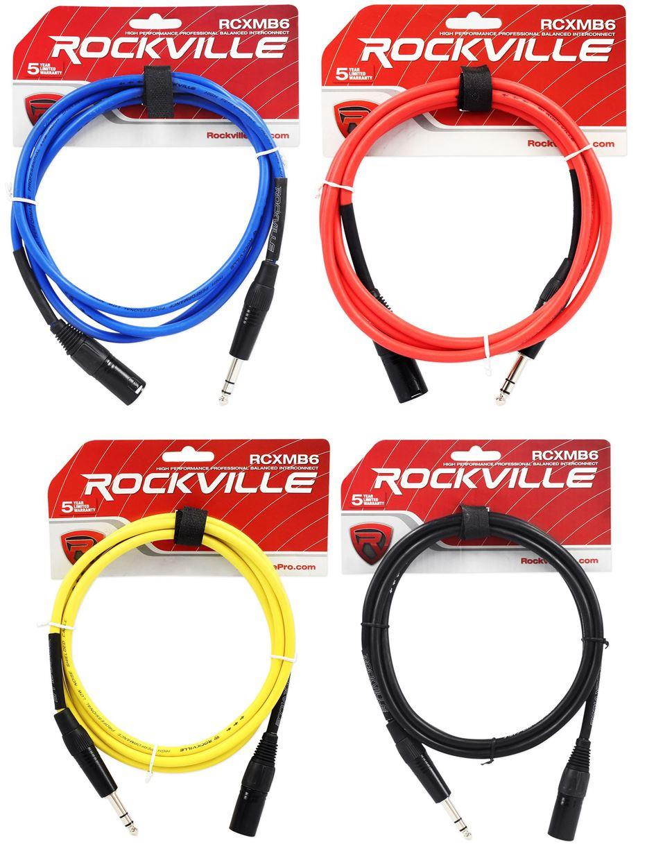 4 Rockville 6' Male REAN XLR to 1/4'' TRS Balanced Cable OFC (4 Colors)