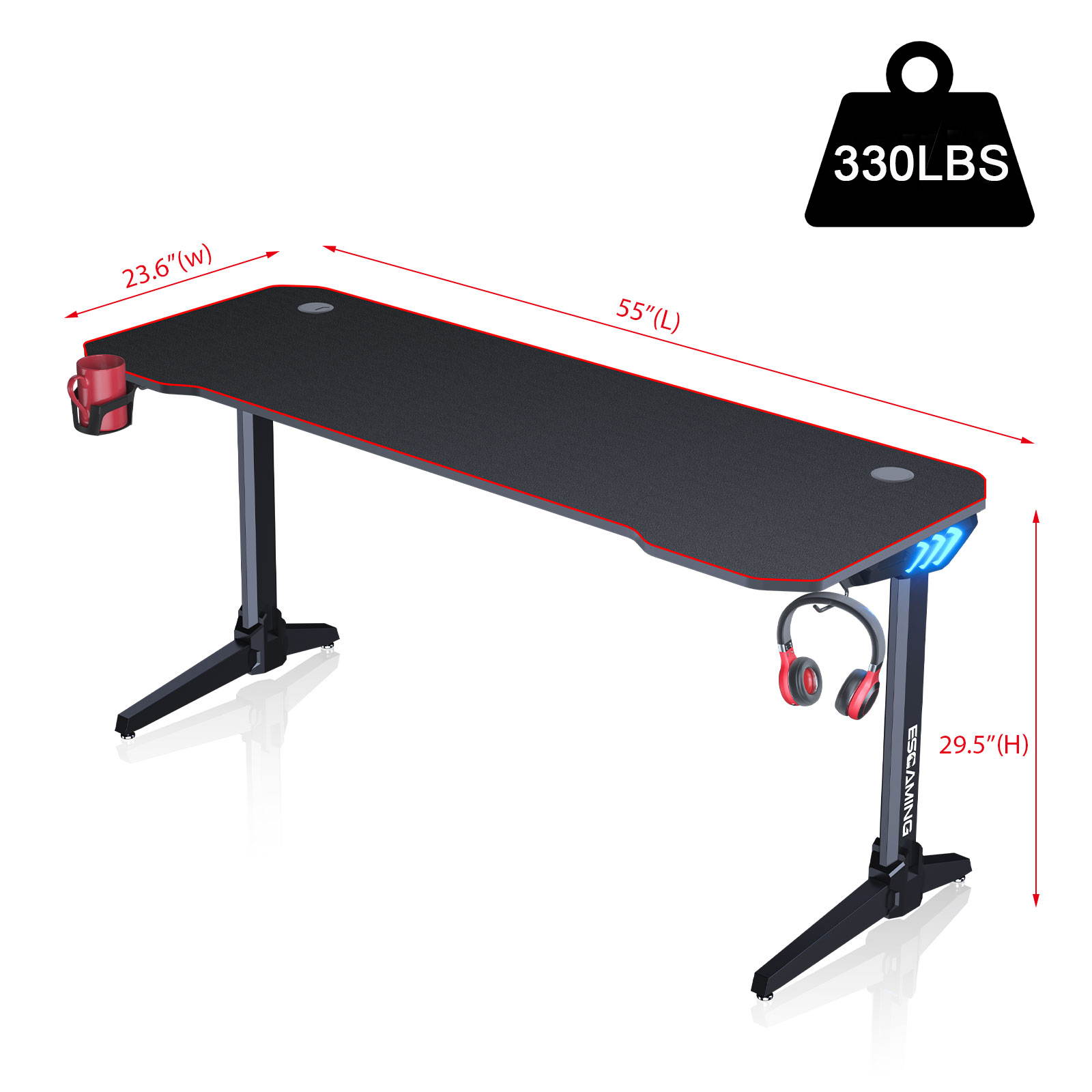 ESGAMING 55.2 Inch RGB light strip Gaming Desk  PC Computer Desk Y-shaped Table Home Office Desk with over-size full black Mouse Pad, Free Headphone Hook, Gaming Handle Rack and Cup Holder (Black)