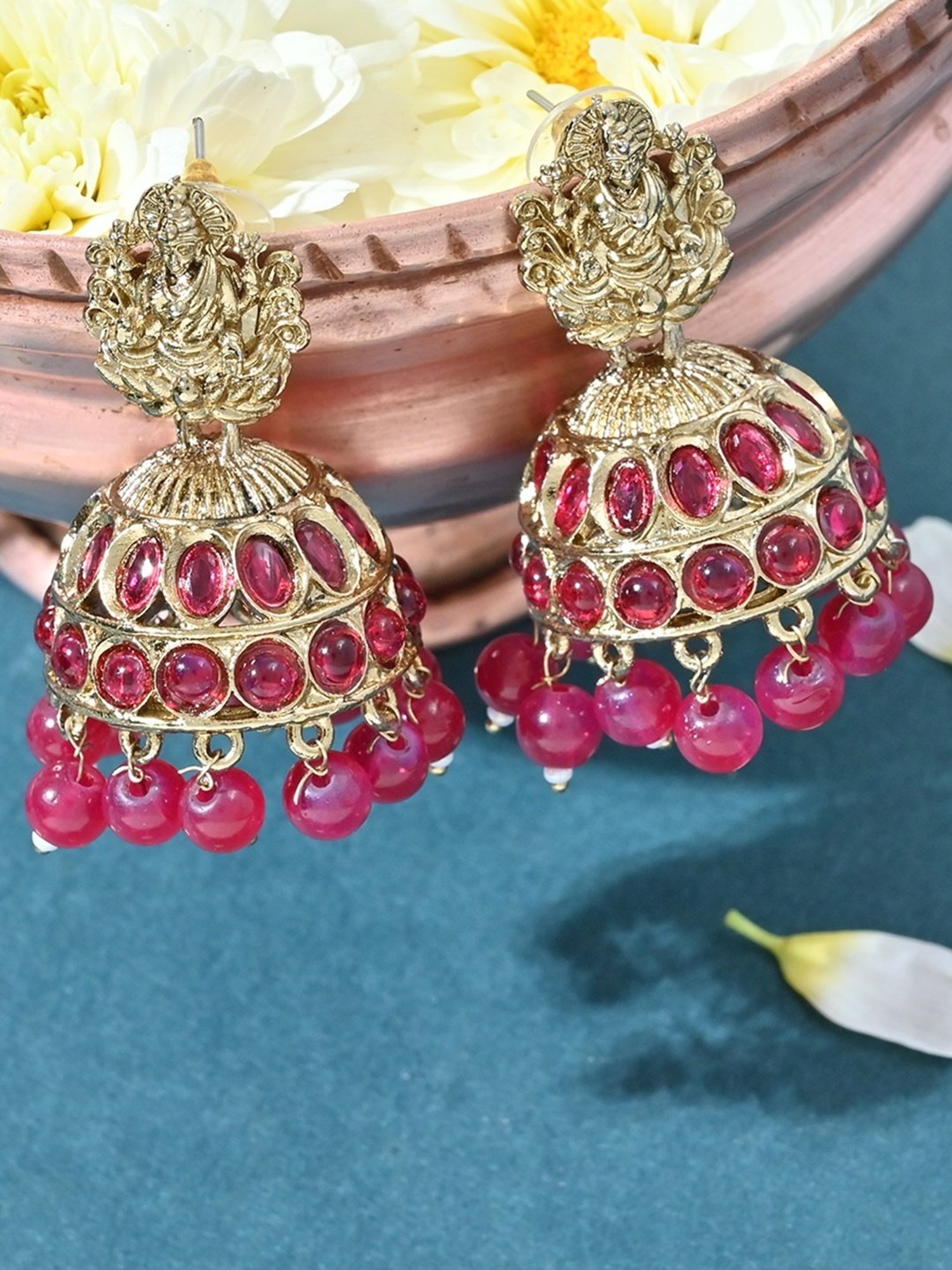 Fida Gold-Plated Lakshmi Embossed Fuchsia Temple Jhumki Earrings for Women & Girls