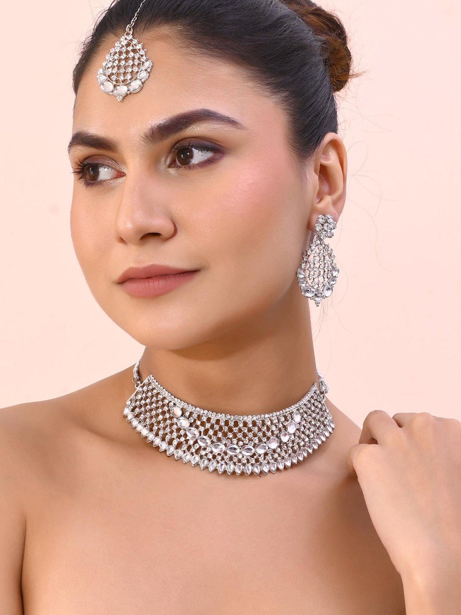 VOJ Silver Plated Cz-Stone Studded Choker Set with Mangtikka for Women