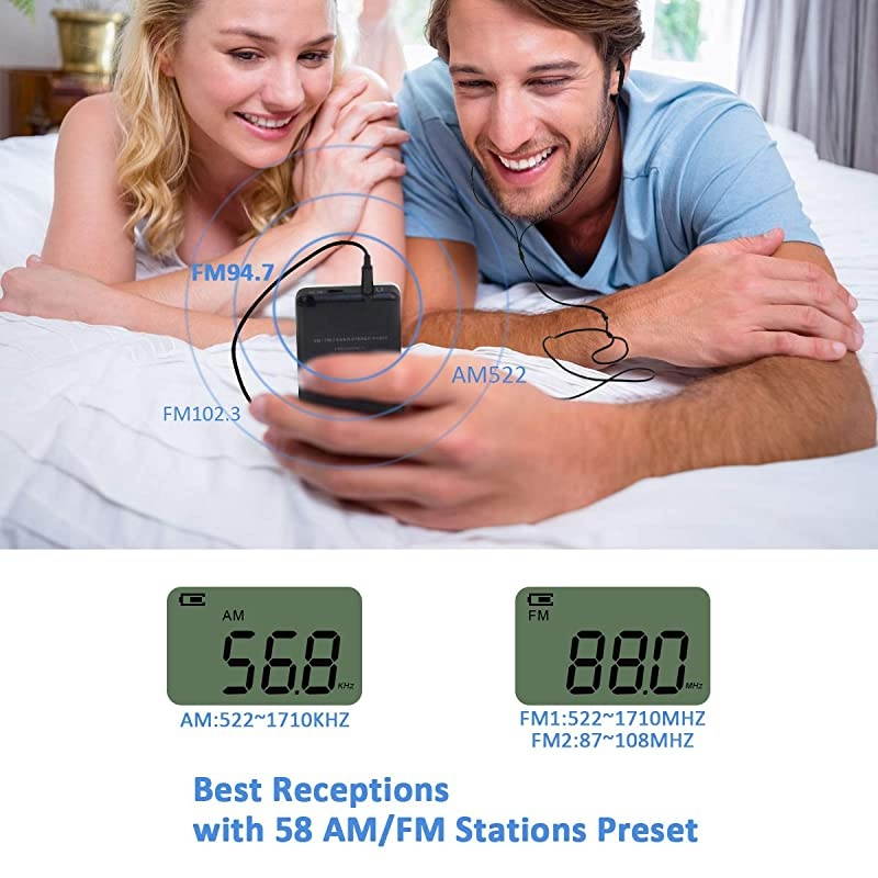 Pocket Small Radio by  Personal Mini AM FM Portable Digital Tuning Transistor Radios with Best Reception Earphones Lanyard and Rechargeable Battery for Walking Jogging Exercising Silver