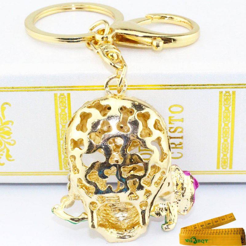 Cool 3D Skull with Dark Red or Purple Rose Flower Crystal Rhinestone Alley Metal Bling Bling Key Chain Ring Keychain Cell Phone Car Bag Purse Charm Decor Pendant Decoration Ornament