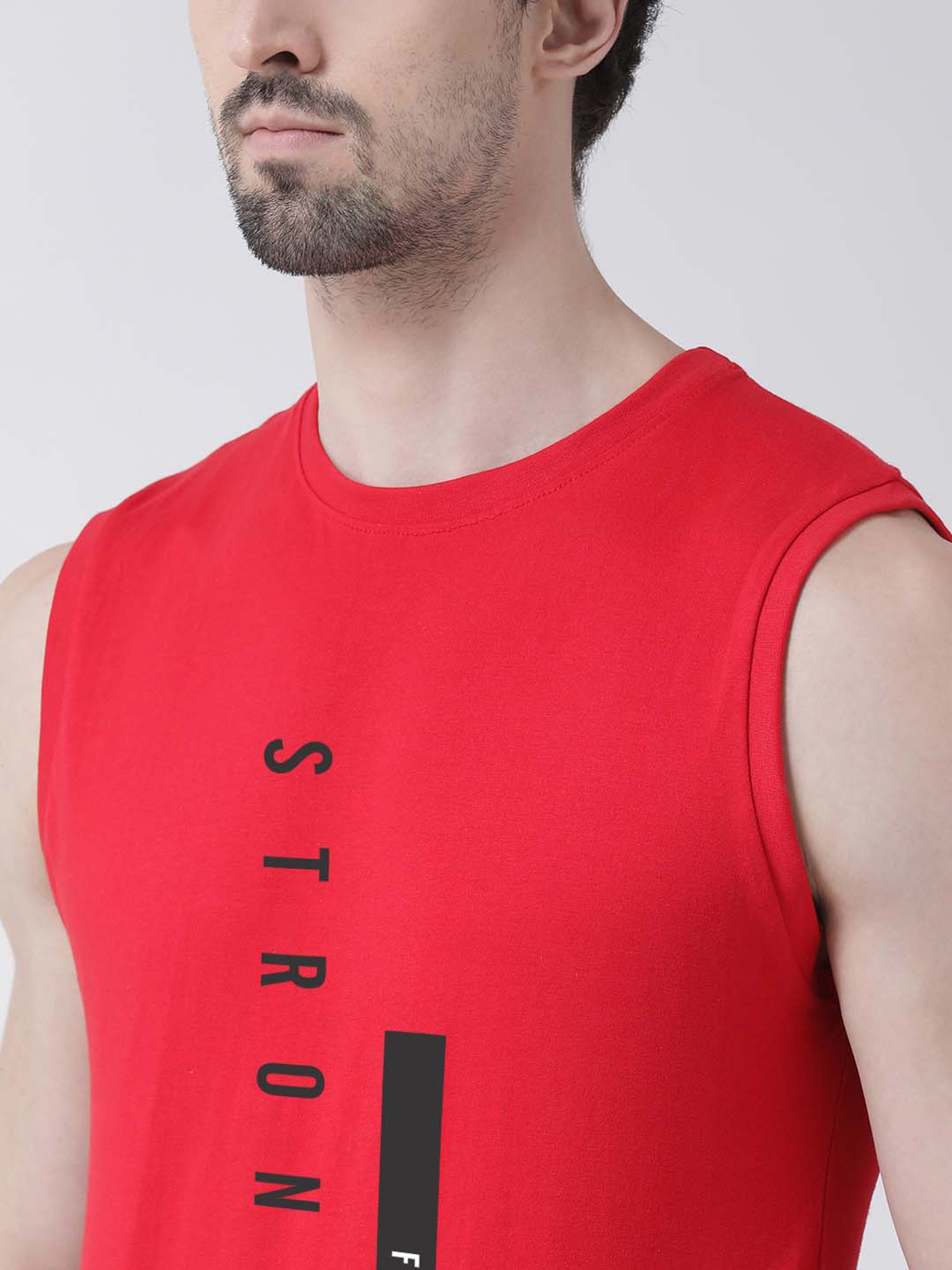 Friskers Red Slim Fit Graphic Print Sleeveless T-Shirt