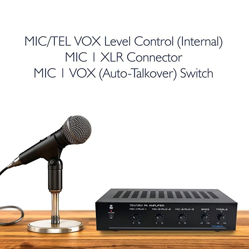 Compact Mini Home Power Amplifier - 100W Smart Indoor Audio Stereo Receiver w/ RCA, 3 Microphone IN, AUX, 25/70V Outputs, LED, Input Selector, For PA, Amplified Speaker Sound System  PCM60A Black