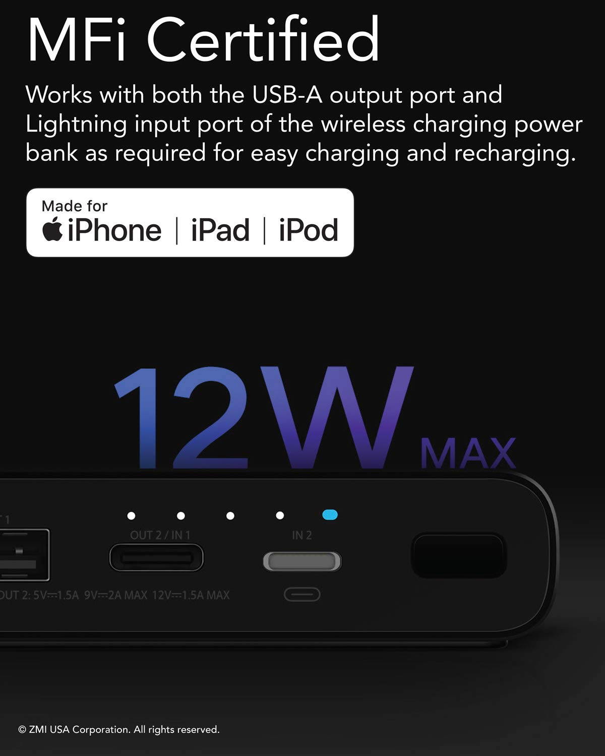 ZMI Power Bank LevPower M10 MFi and Qi Certified USB PD Power Bank Compatible for iPhone 11/Pro/Max/X/XS/XS Max/8/8 Plus and iPad for Wireless and Wired Charging via USB-C or Lightning Port