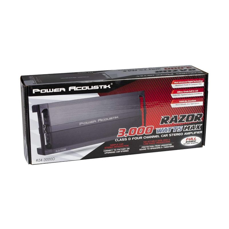 Power Acoustik Razor Series RZ4-3000D 3000 Watts Max 2 Ohm Mosfet Power Supply Class D Full Range Monoblock 4 Channel Amplifier