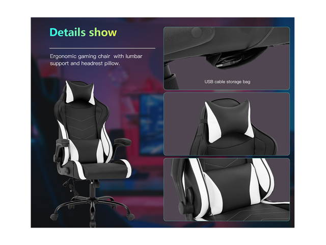 Gaming Chair Massage Office Chair PC Computer Chair with Lumbar Support Headrest Flip up Armrest Task Rolling Swivel Ergonomic Adjustable E-Sports Desk Racing Chair for Men Adults(White)