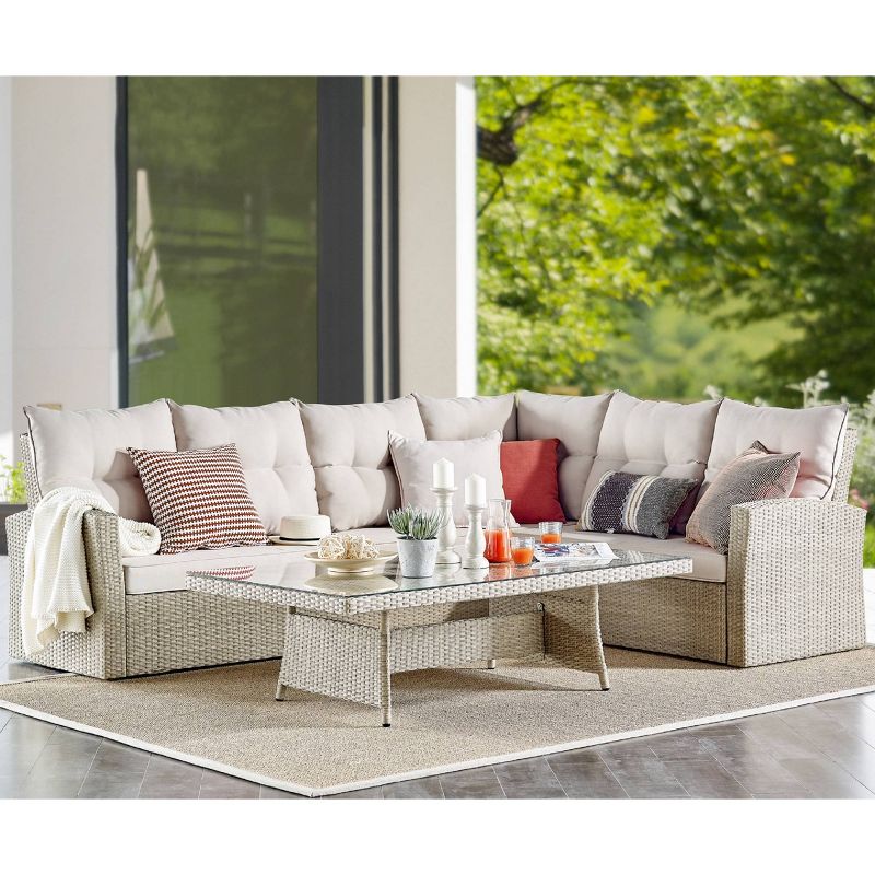 All-Weather Wicker Canaan Large Outdoor Sectional Sofa with Cushions Brown - Alaterre Furniture