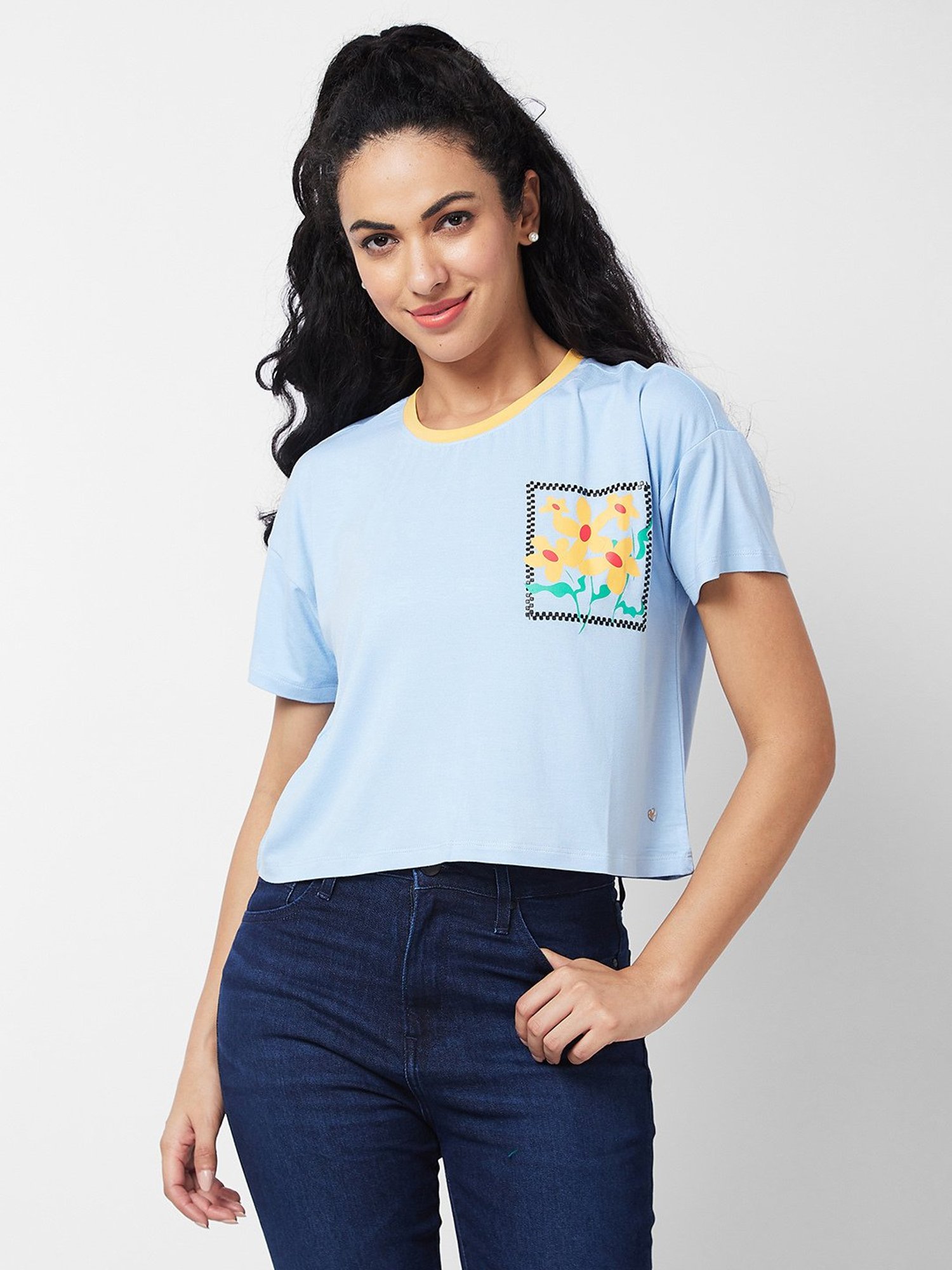 Spykar Sky Blue Floral Print Crop T-Shirt