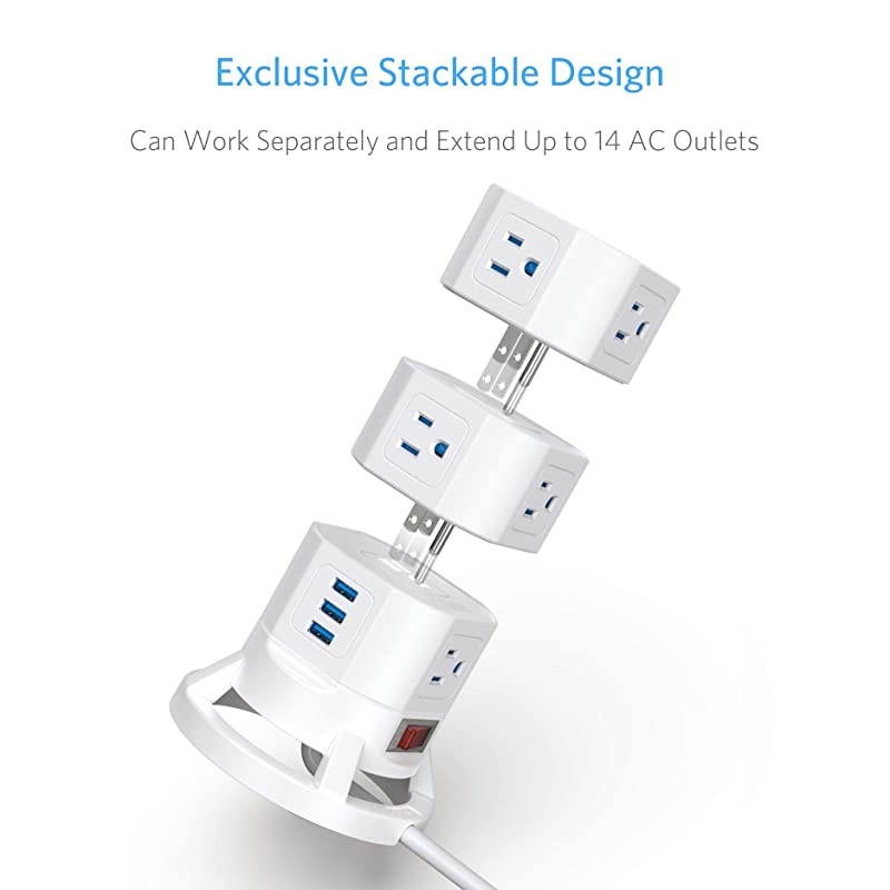 12 Outlets Power Strip Tower with 3 USB Ports Stackable Design Extend to 14 AC Outlets for PC Laptop Mobiles6 Feet Extension CordWhite