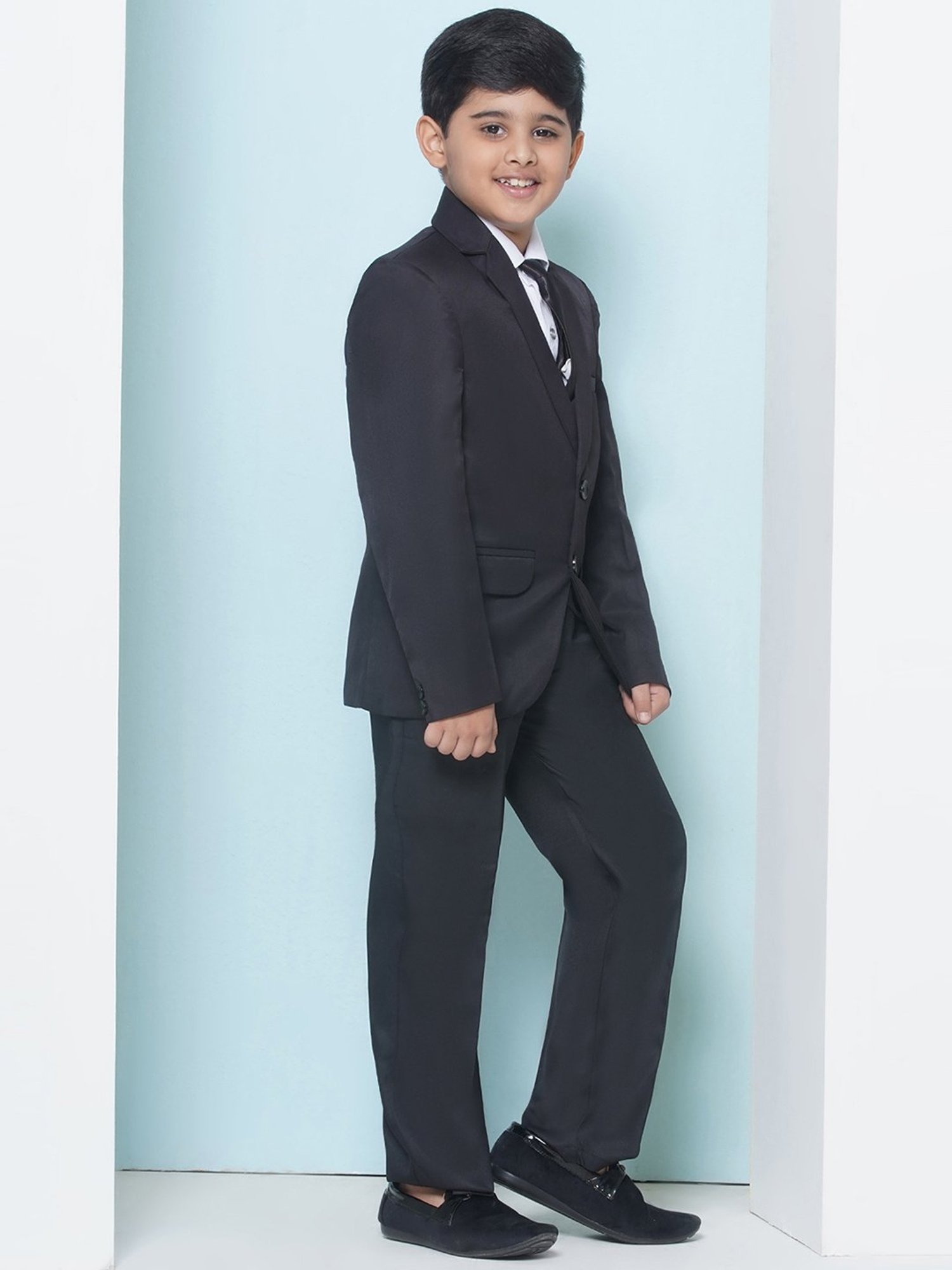 AJ Dezines Kids Sky Blue & Black Solid Full Sleeves Shirt, Pants, Coat, Waistcoat with Tie