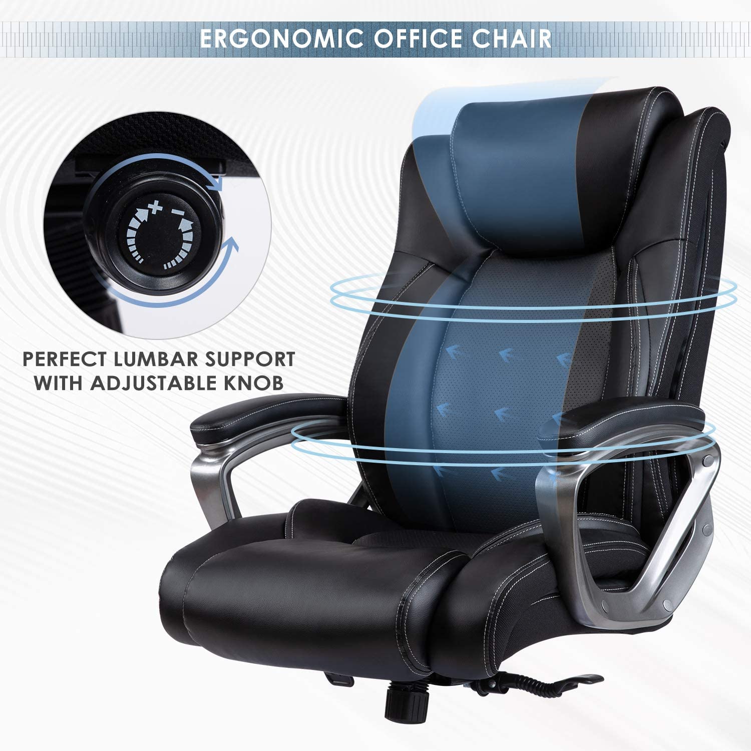 Bonded Leather Office Chair - Adjustable Built-in Lumbar Support and Tilt Angle High Back Executive Computer Desk Chair for Office Workers & Students