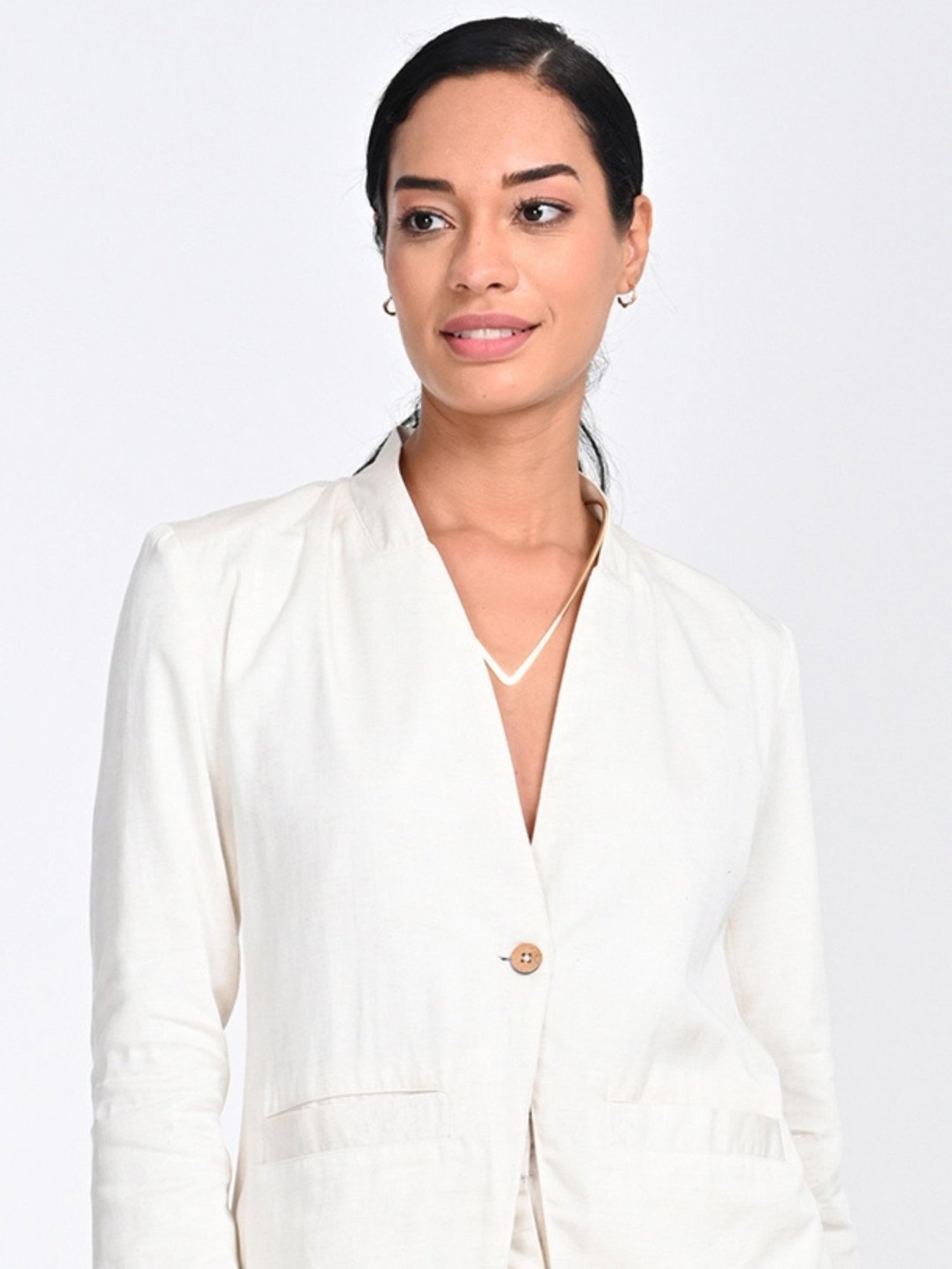 Saltpetre Women Tencel Solid Cream No Lapel V Neck Collar Blazer