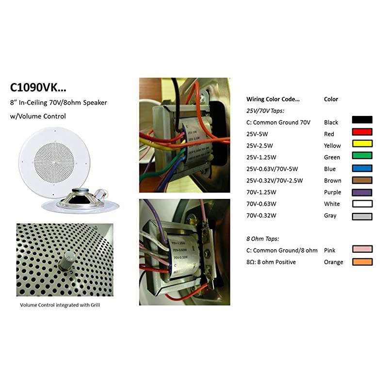 8" Commercial 70V Ceiling Speaker w/Front Volume Control Knob Single White C1090