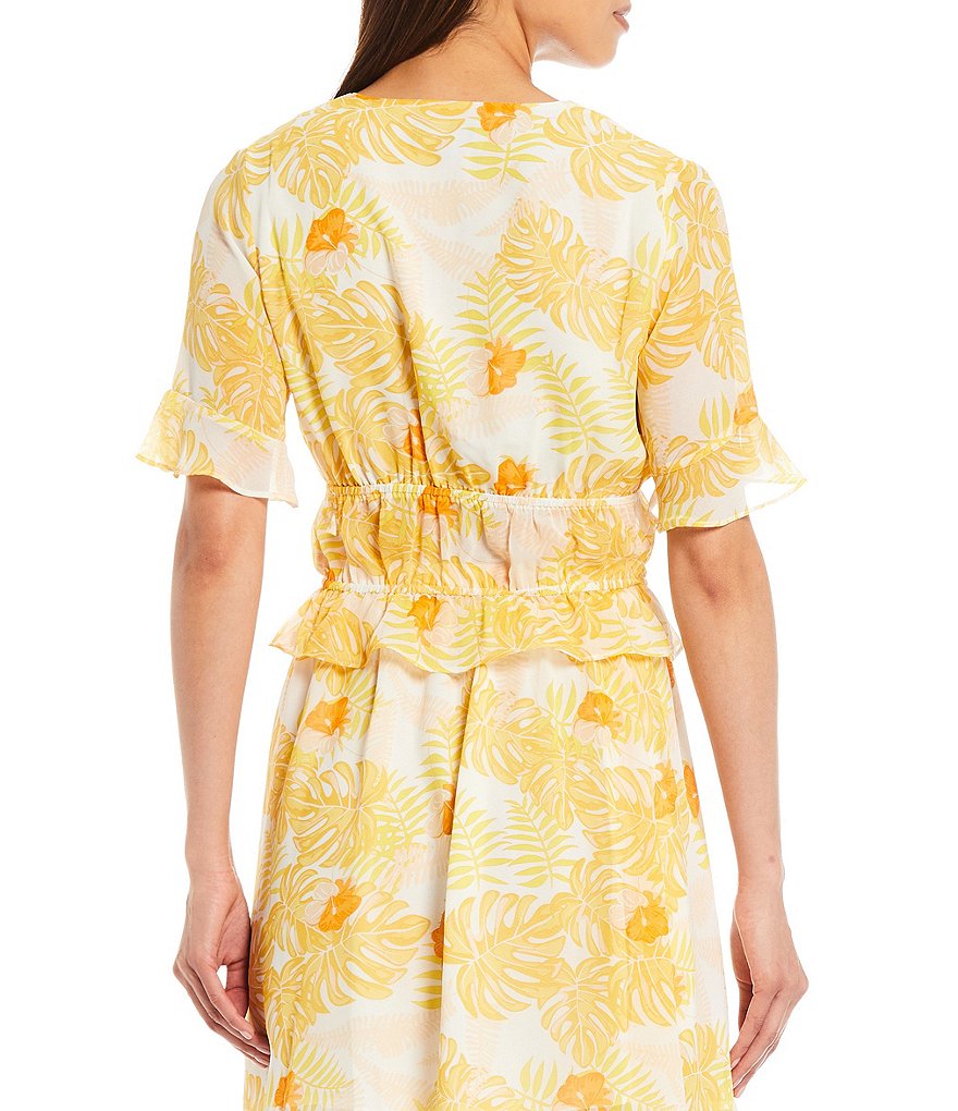 Lucy Paris Palm Print Smocked Bodice Coordinating Short Sleeve Top