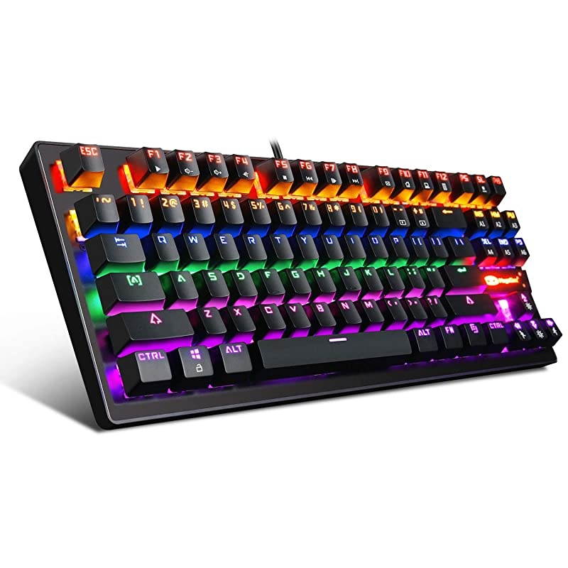Mechanical Keyboard 87 Keys Small Compact Multicolour Backlit - MK1 Wired USB Gaming Keyboard with Blue Switches, Metal Construction, Water Resistant for Windows MAC Laptop Game