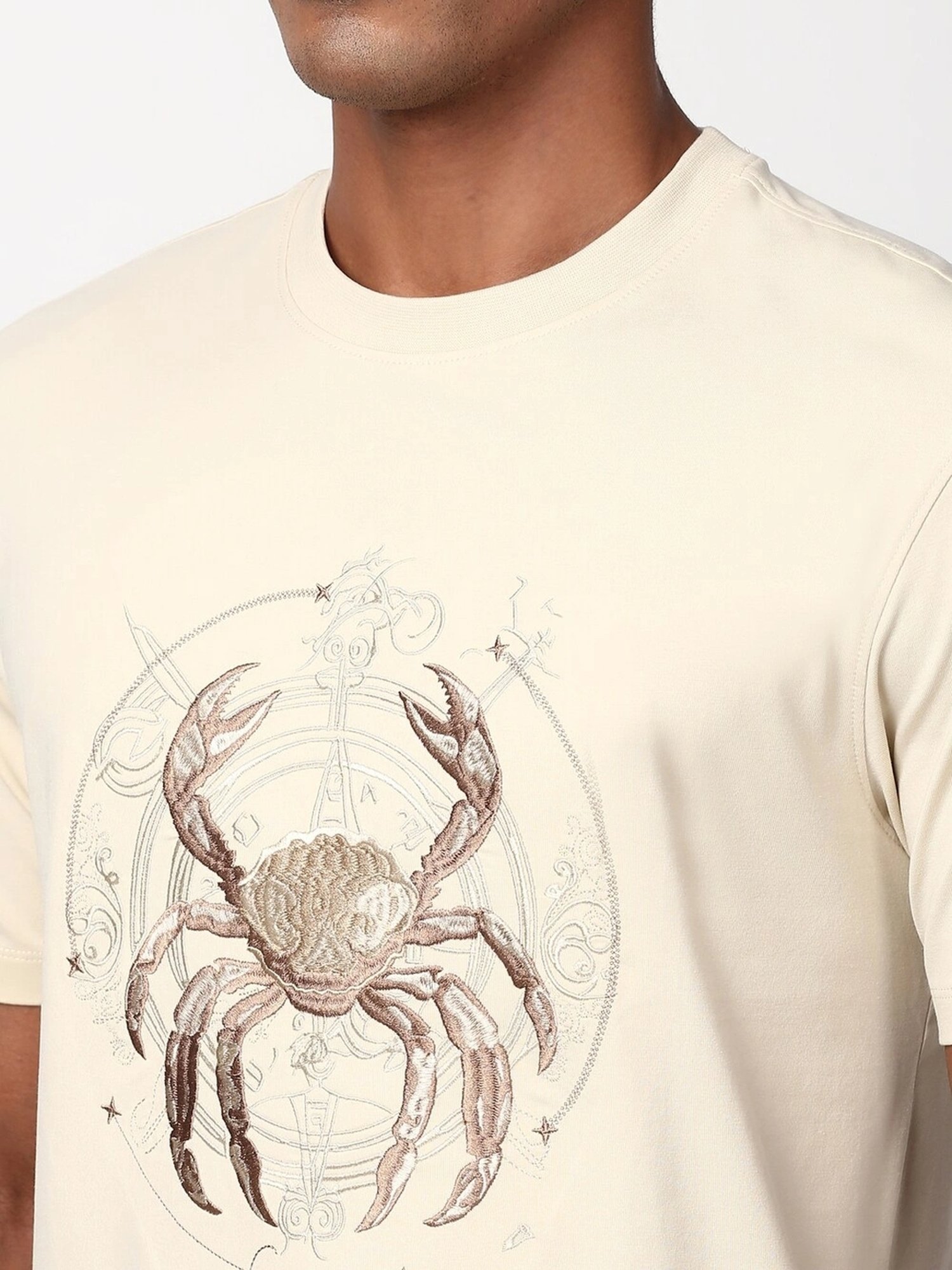 Peter England Beige Cotton Regular Fit Embroidered T-Shirt