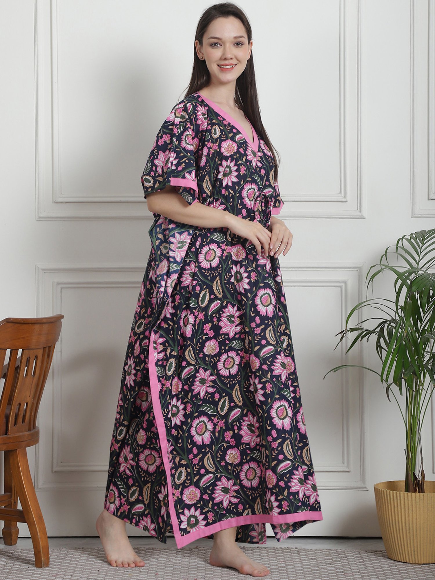 Secret Wish Navy Floral Print Kaftan Nighty