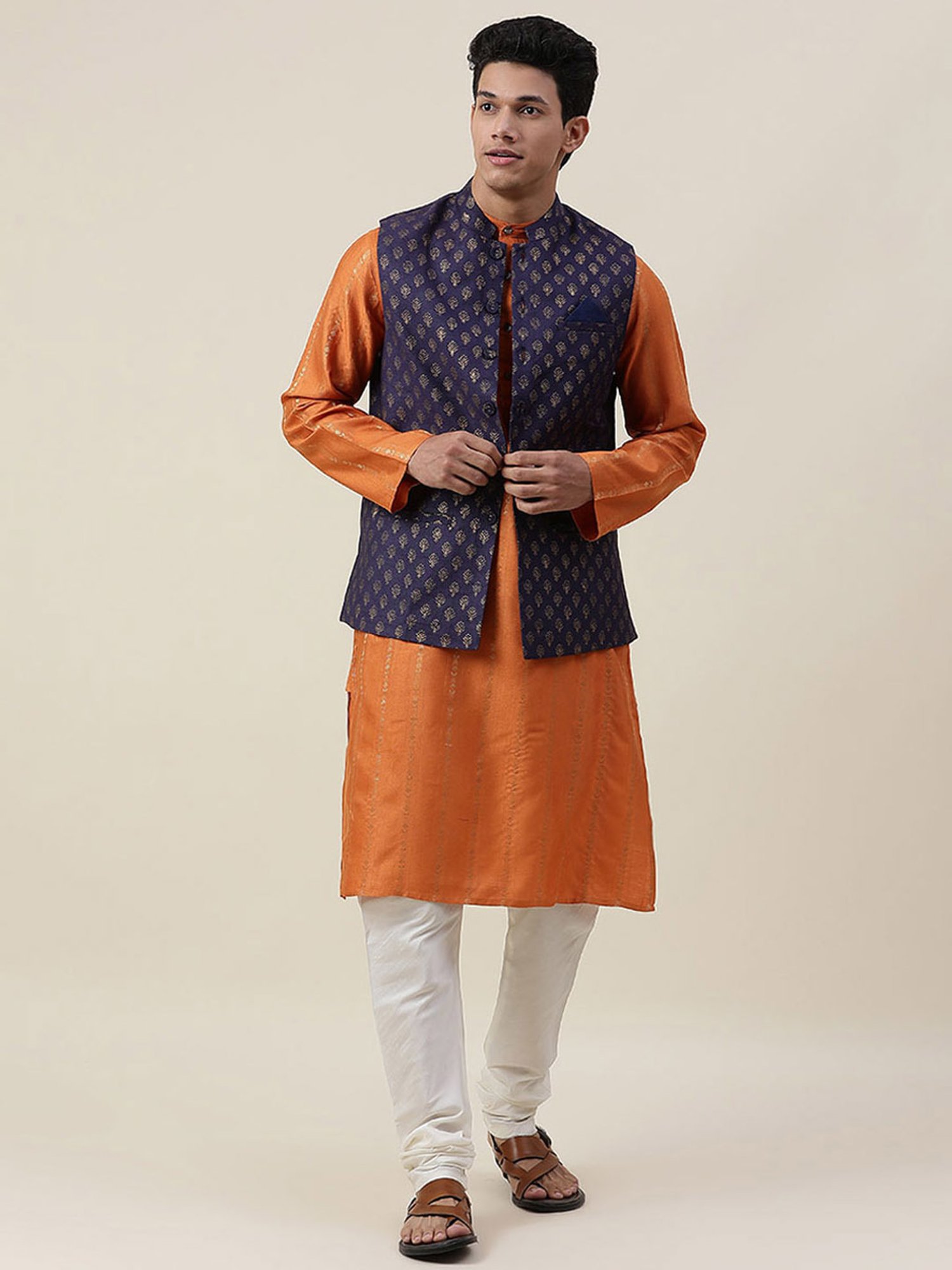 Fabindia Navy Regular Fit Printed Nehru Jacket