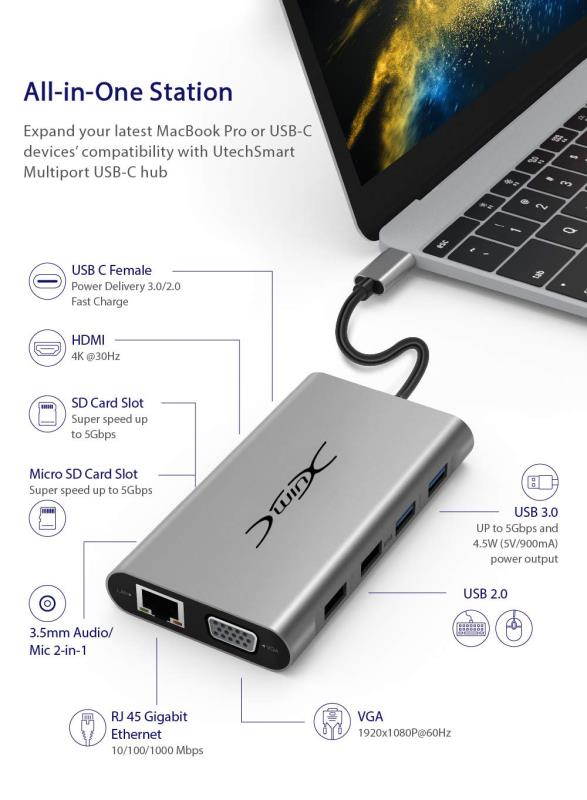 YXwin USB C Hub, 5-in-1 USB C Adapter, with 4K USB C to HDMI, SD/TF Card Reader, 2 USB 3.0 Ports, for MacBook Pro 2016/2017/2018, Chromebook, Xps, and More