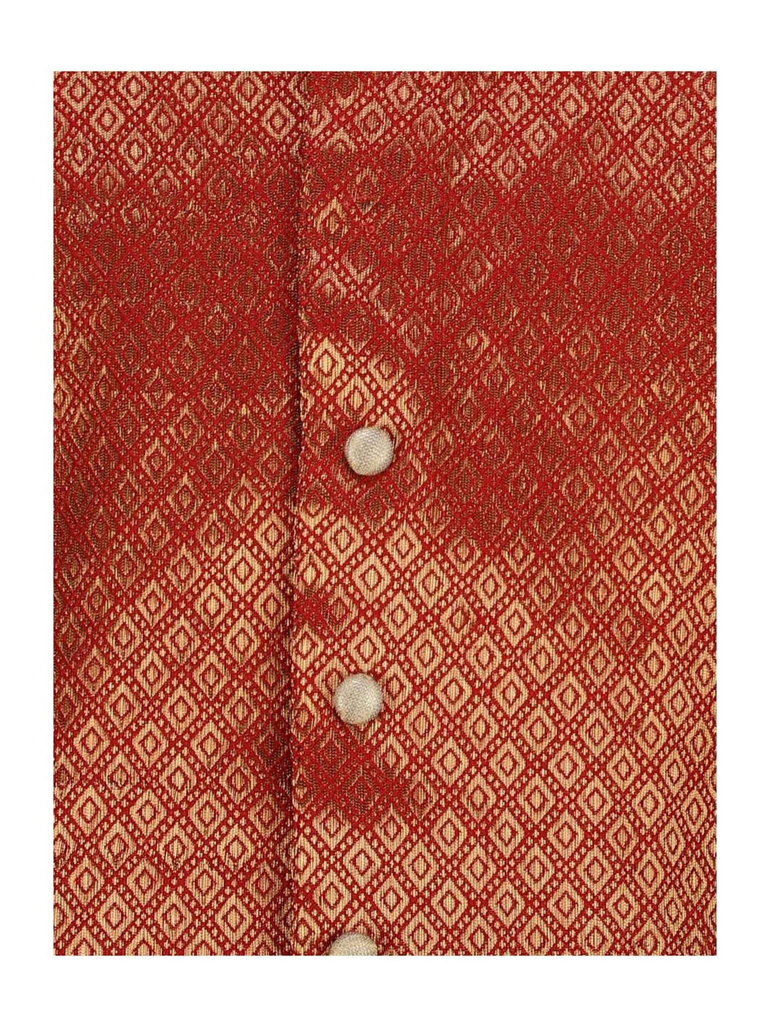 A Little Fable Kids Maroon & Golden Self Pattern Waistcoat
