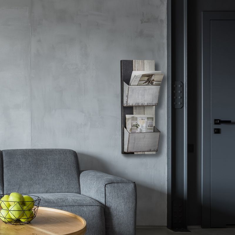 28" x 11.8" x 5.5" Double Pocket Galvanized Metal and Wood Wall Rack and Organizer - American Art Decor