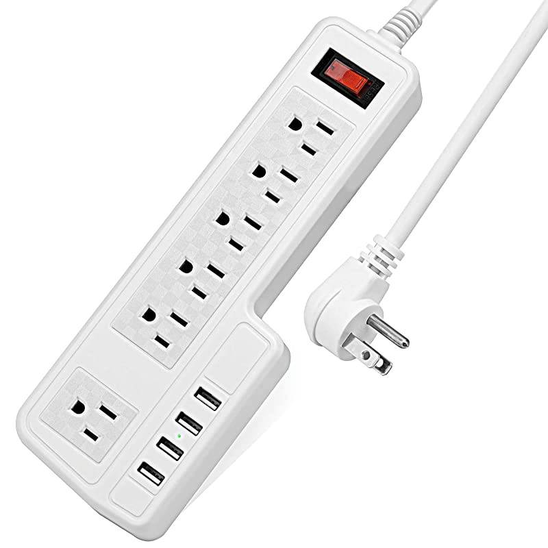 Mountable Surge Protector Power Strip  98ft 6 Outlets 4 USB Ports Electric Power Outlet with Right Angle Flat Plug Electric Long Extension Cord Power Charging Station for Home Office White
