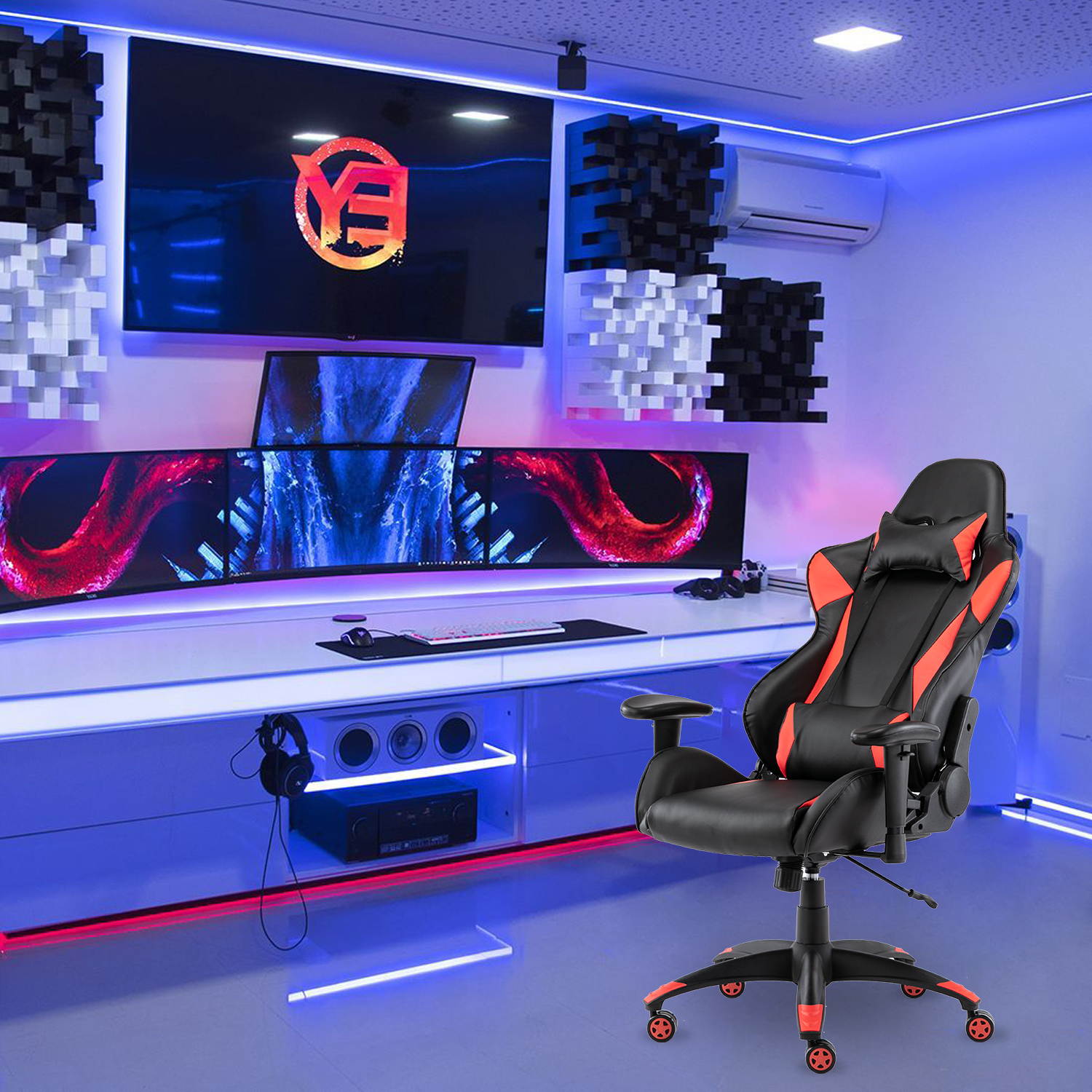 SMUGDESK Gaming Chair,Ergonomic Racing Office Chair High Back Task Chair Swivel PU Leather Computer Desk Chair Adjustable with Lumbar Support Headrest,Red