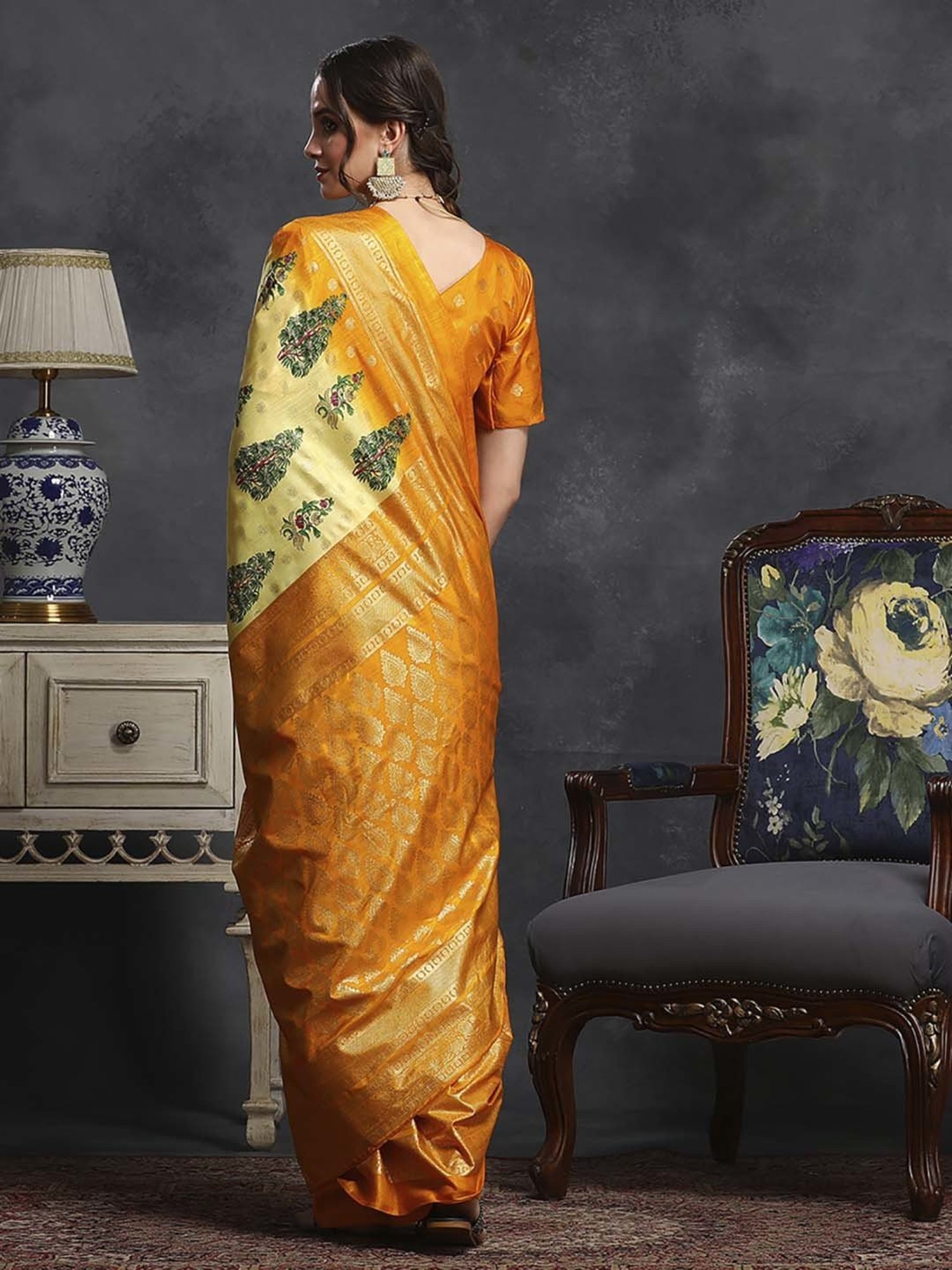 Saree Mall Yellow Silk Printed Saree With Unstitched Blouse