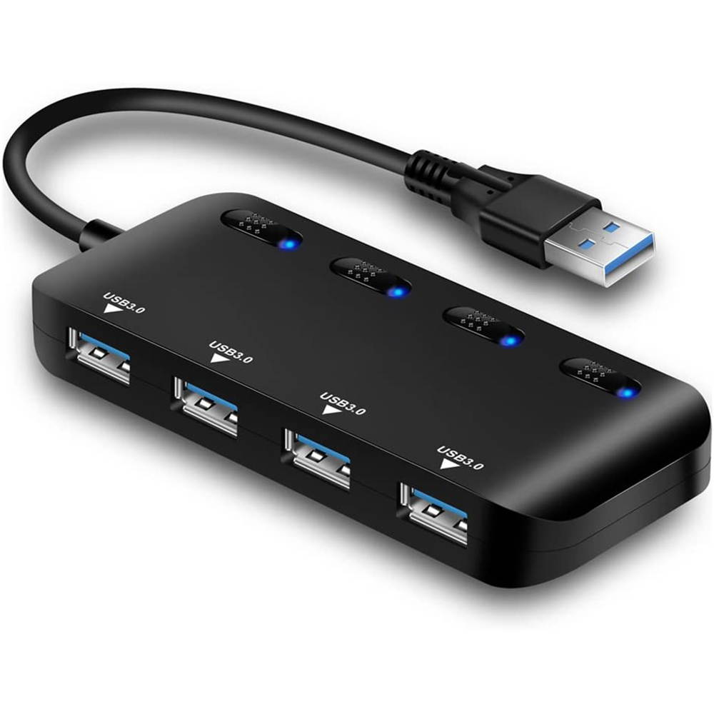 Powered USB Hub Splitter 3.0-4 Port Black Non Slip USB Data Hub with One Smart Charging Port,Individual On/Off Blue LED Indicator Power Switches Compatible for Mouse/Keyboard/PC/USB Flash/Mobile HDD