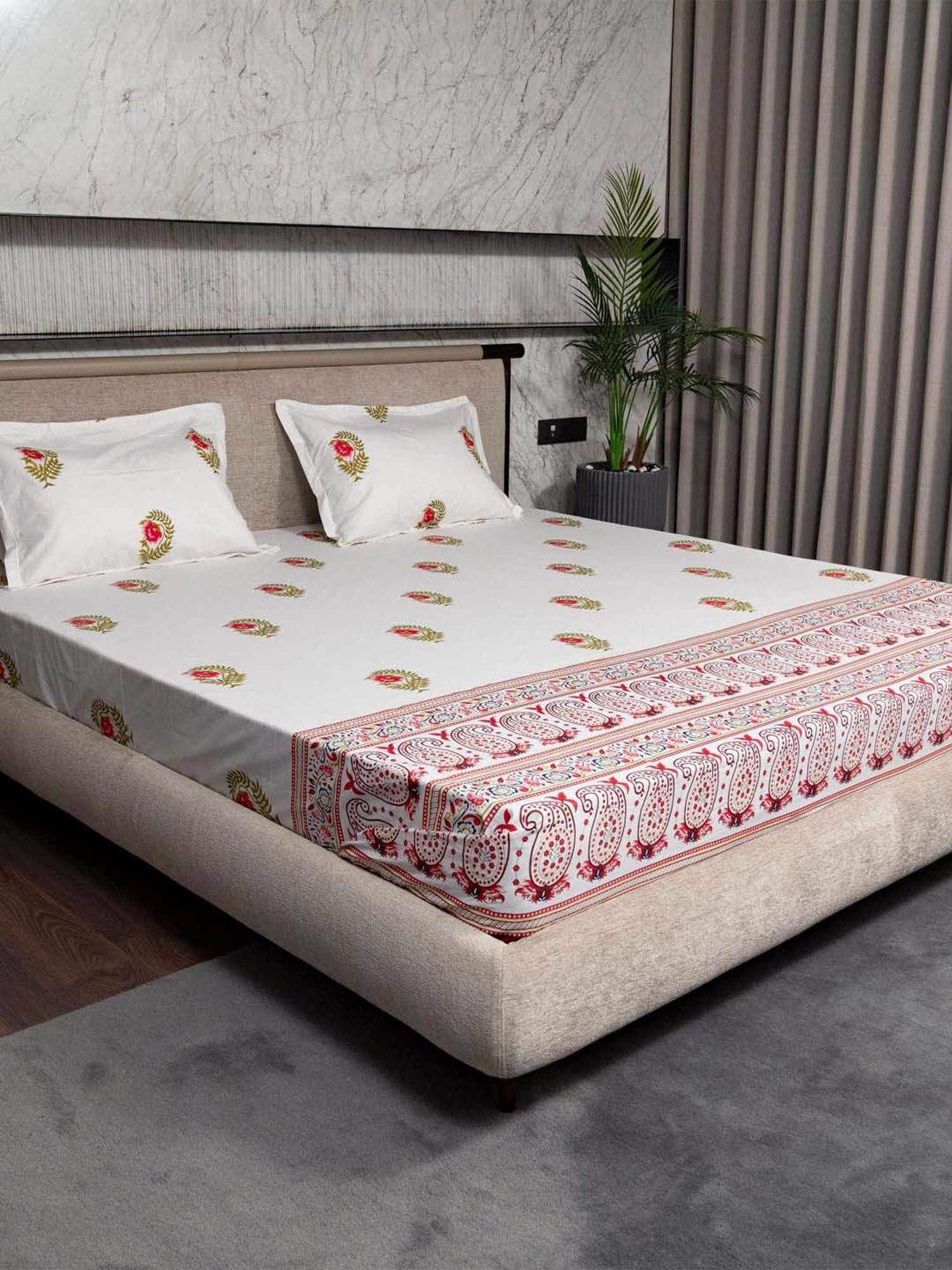 House This Juniper Blue Cotton 600 TC Double Size Bedsheet With Pillow Covers