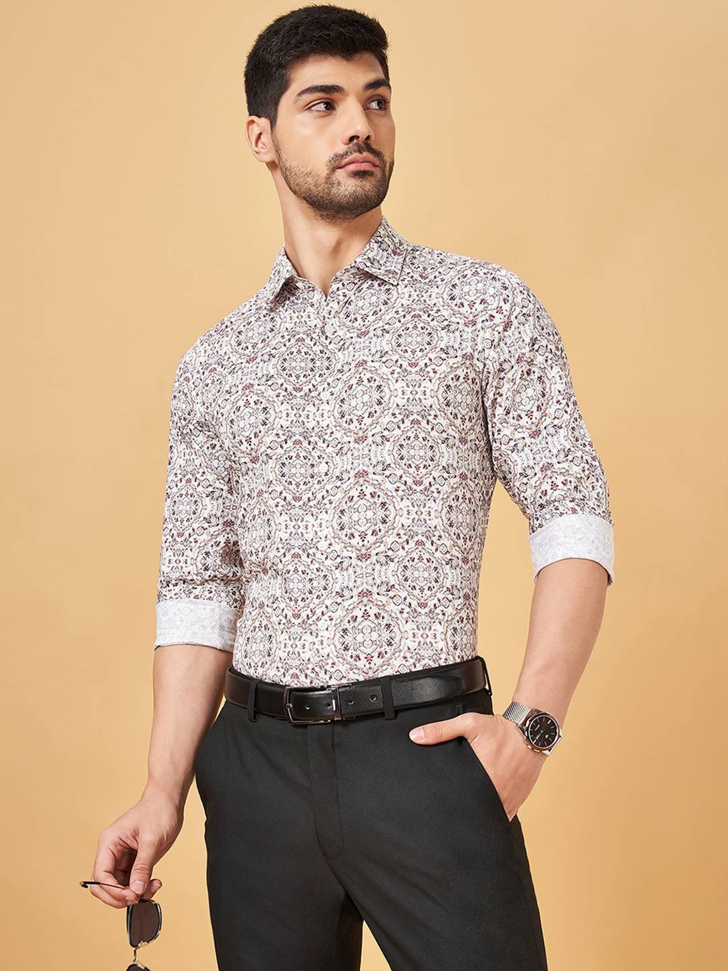 Peregrine By Pantaloons White Slim Fit Printed Shirt