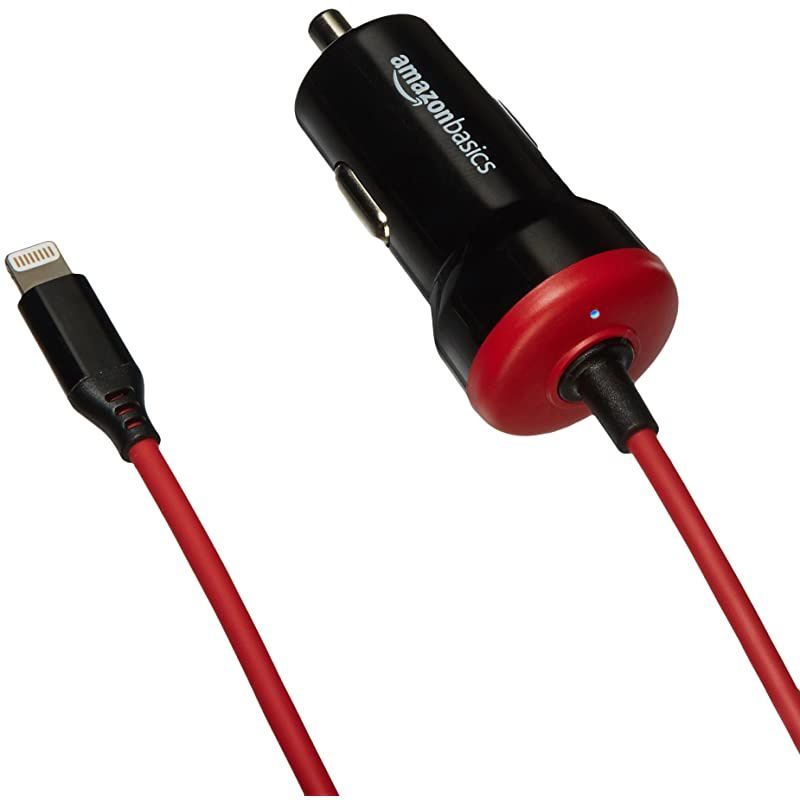 Straight Cable Lightning Car Charger 5V 12W 3 Foot Black and Red