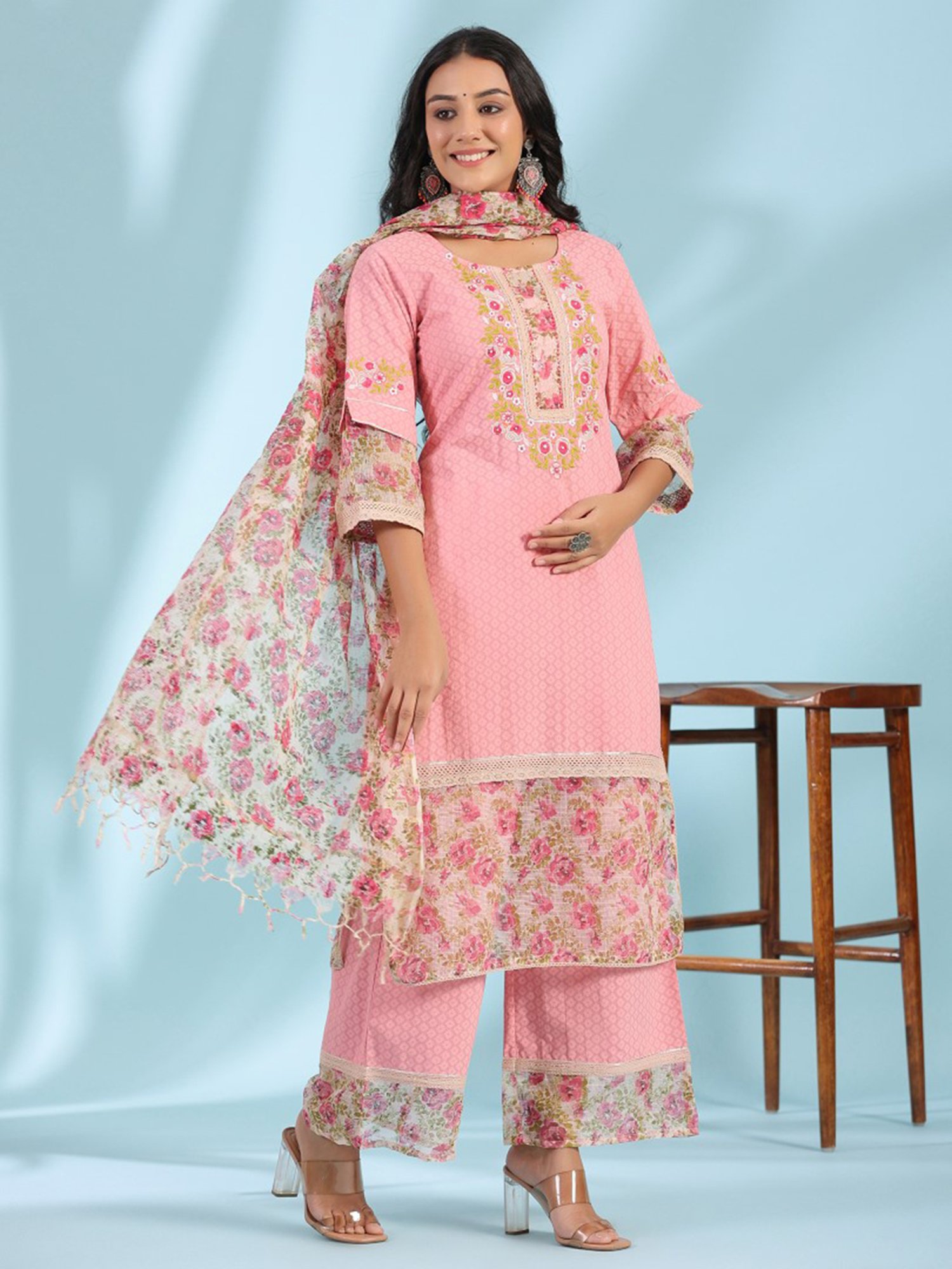 Juniper Pink Floral Printed & Laced Pure Cotton Kurta Palazzo Set With Printed Kota Doria Dupatta
