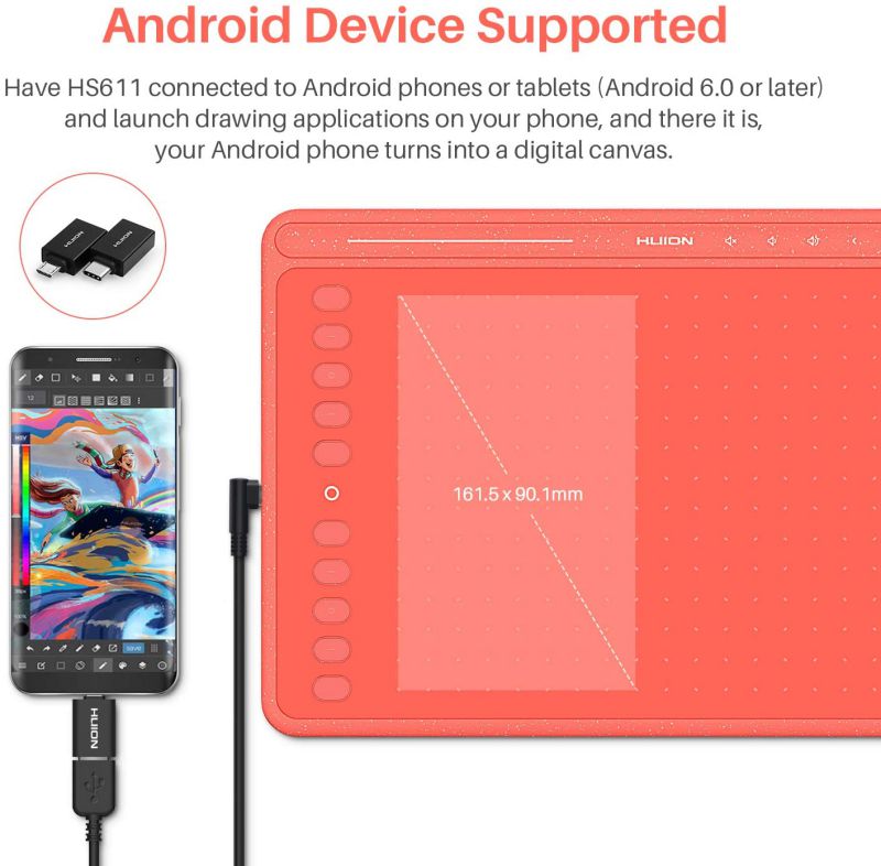 2020 Huion HS611 Graphics Drawing Tablet Android Supported Pen Tablet Tilt Function Battery-Free Stylus 8192 Pen Pressure with 8 Multimedia Keys 10 Express Keys and Touch Strip